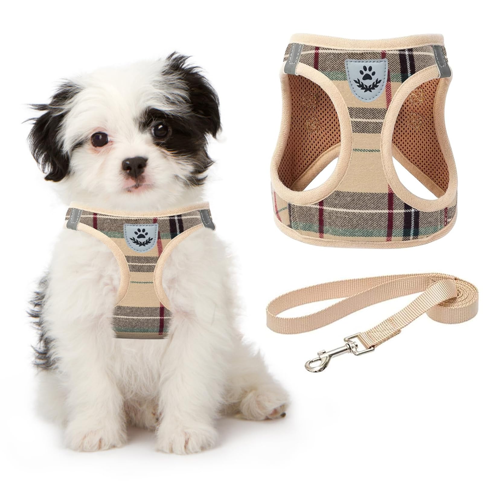 KOOLTAIL Dog Harness for Small Medium Dogs,Dog Harness and Leash Set, Step in No Pull Soft Mesh Padded Adjustable and Reflective Pet Vest Harness Puppy, Plaid Extra Harness for XS S Dogs, Beige S