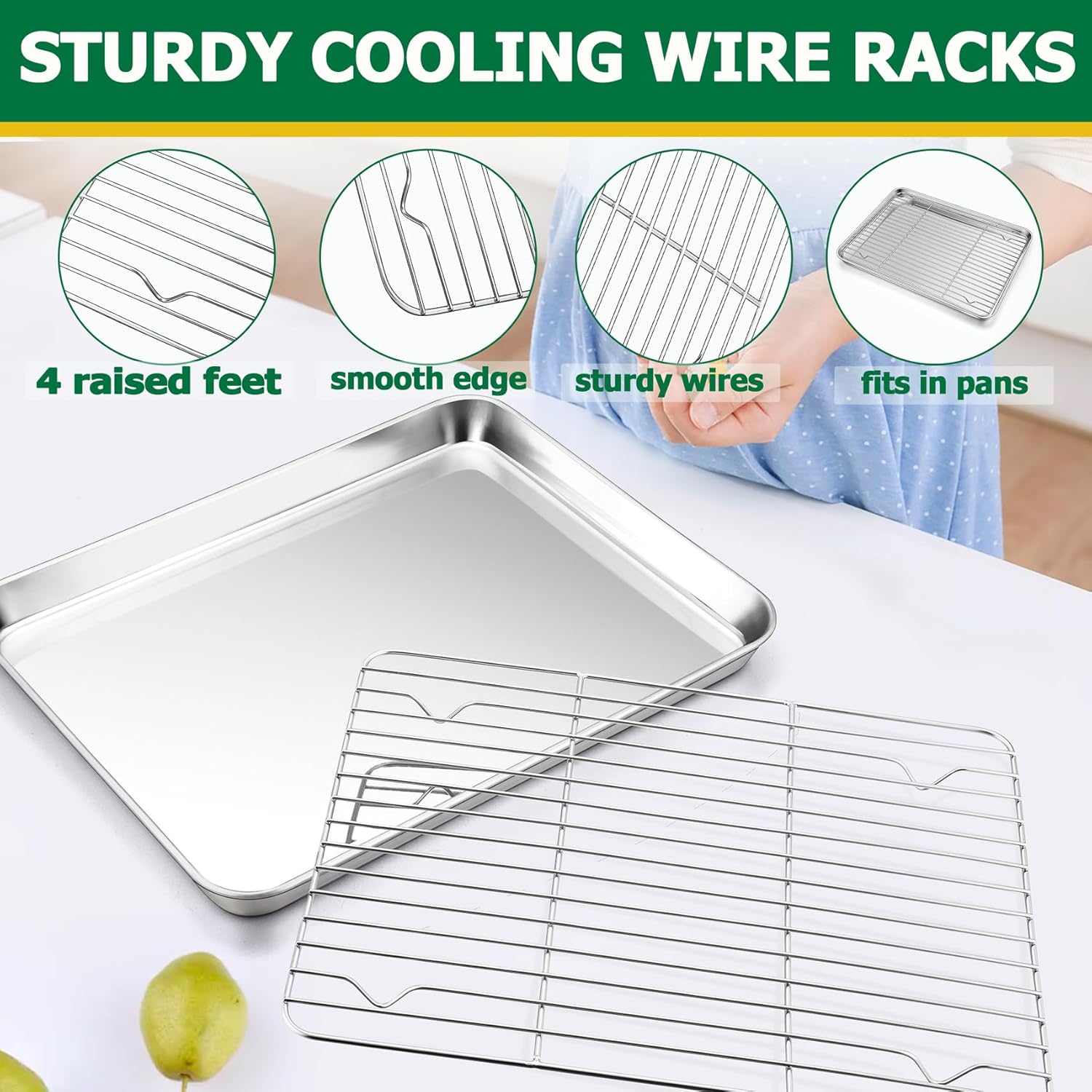 TeamFar Stainless Steel Baking Sheet with Rack Set, 10.5/12.5/16 Inch Baking Pan with Wire Rack & Silicone Baking Mat for Oven Baking, Cookies Sheets Set of 9 (3 Sheets + 3 Racks + 3 Mats), Easy Clean