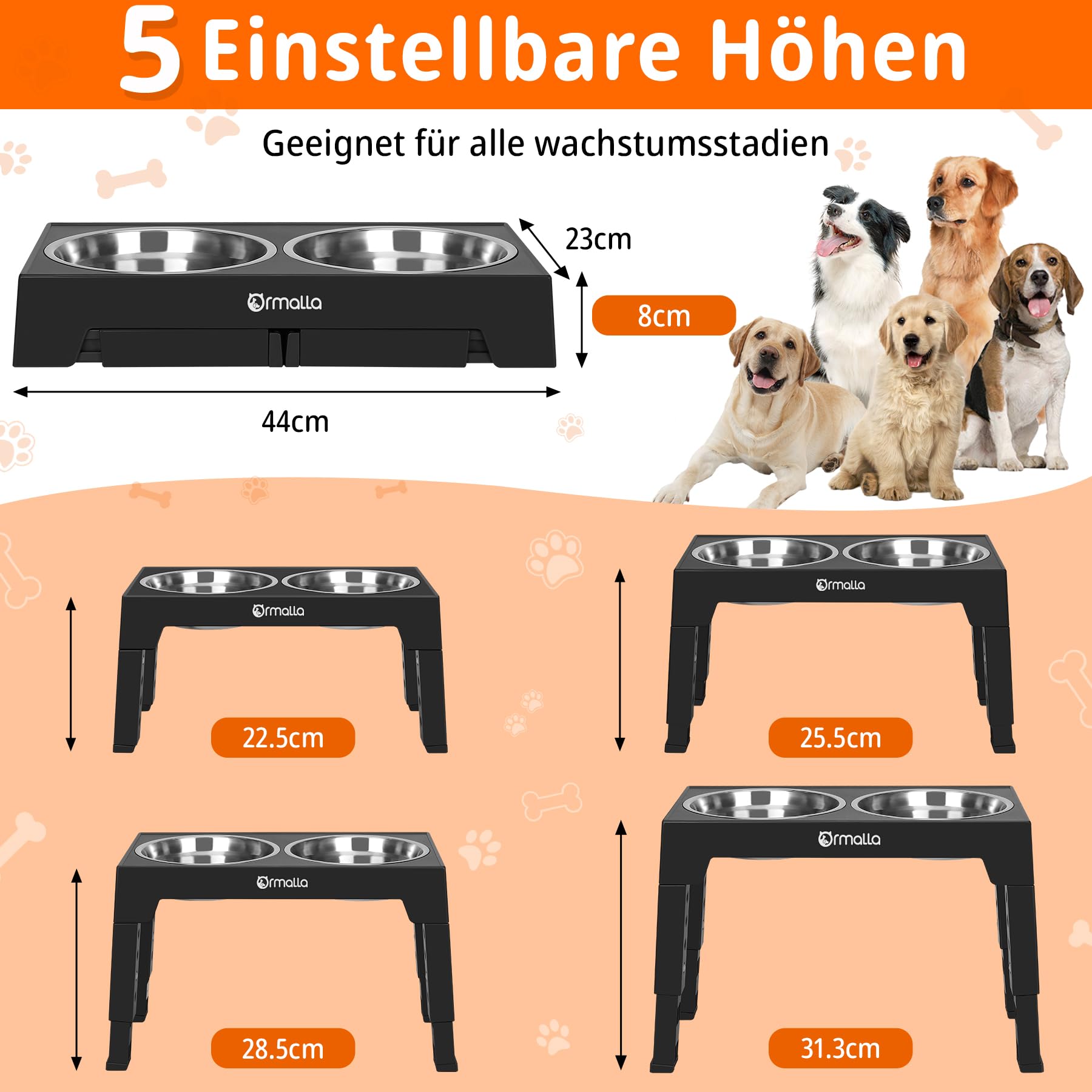 Hundenapf Erhöht, 5 Höhenverstellbare Erhöhter Hundenäpf Mit 2 Edelstahl-Schüsseln Für Große, Mittelgroße Und Kleine Hunde Und Haustiere – Schwarz