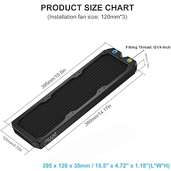 Water Cooling Computer Radiator, 12 Pipe Thick Copper Heat Exchanger Liquid Cooling Radiator G1/4 Thread Heat Row Sink 360mm for CPU PC Laser Water Cool System DC12V Black