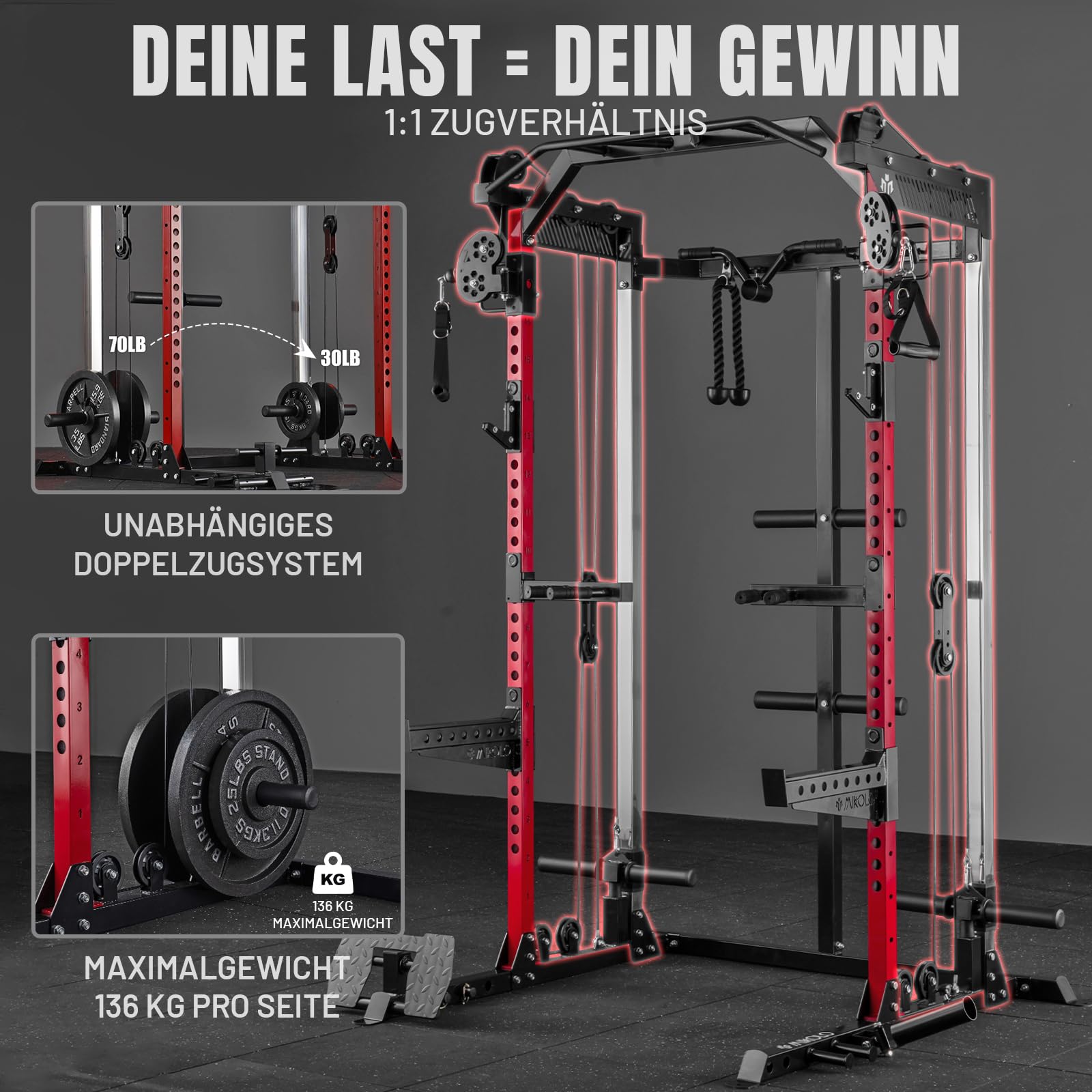 Power Cage, Power Rack mit Latzugstange, Kabelzugstation mit J-Hacken, Landmine, Band Peg, Battle Rope Seil, Squat Rack mit 680kg maximaler Belastung für das Heim-Fitnessstudio