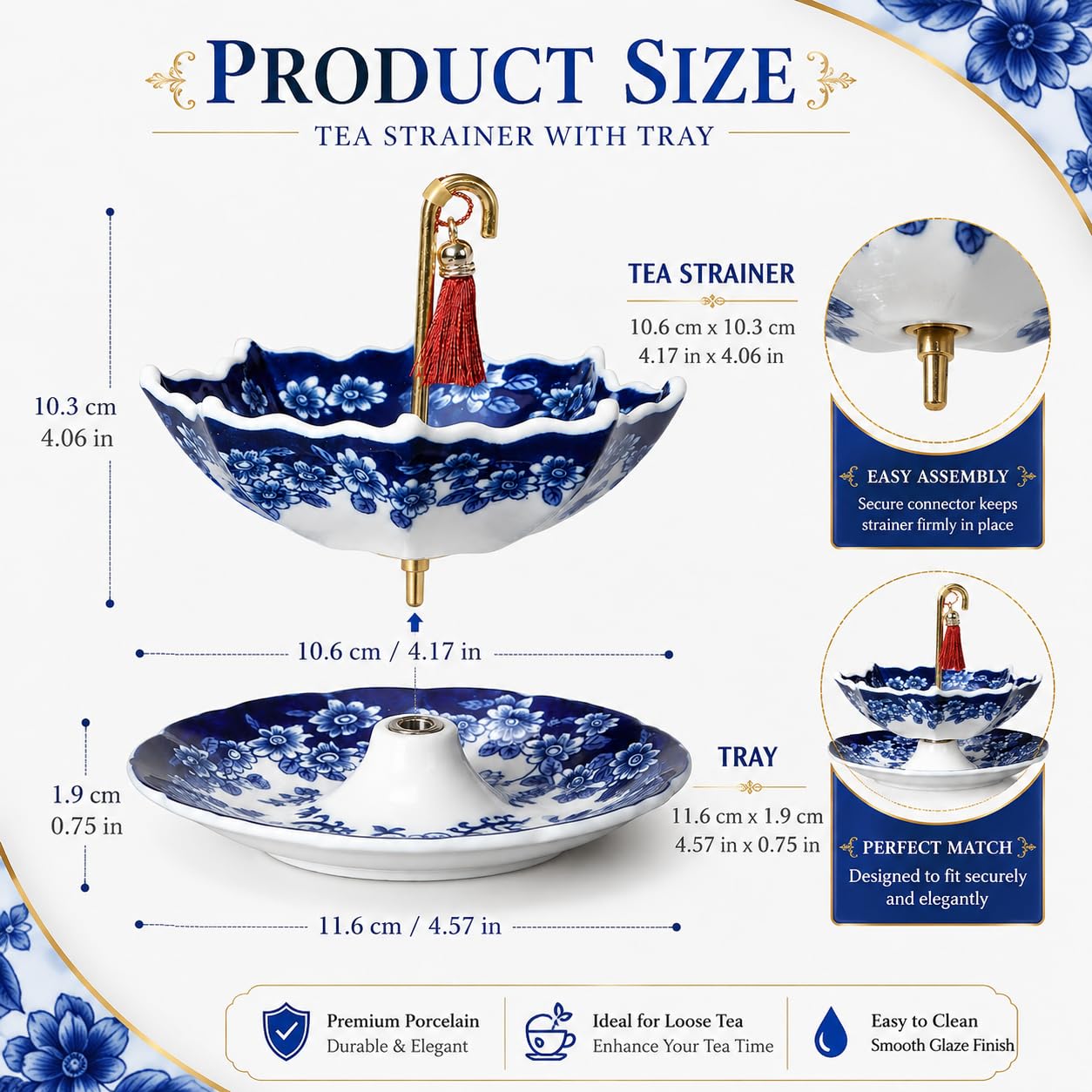 Ceramiczne Sitko do Herbaty w Kształcie Parasola z Podstawką,Porcelanowy Zaparzacz do Herbaty Liściastej,Chiński Filtr Gongfu, Dekoracyjny Zestaw i Prezent(Niebieski)
