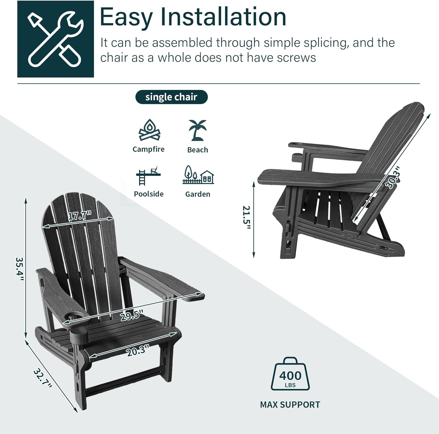 Adirondack Chair with Cup Holder,Tool-Free Assembly,No Screws Needed,All-Weather HDPE Plastic Outdoor Patio Chair,Wood-Grain Slatted Look,Easy to Take Apart for Storage,Fire Pit Chairs(Classic Black)