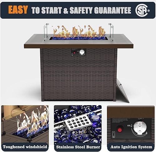 Miniatura 11 de Mesa de fogata de gas propano de 44 pulgadas para patio exterior, 60000 BTU rectangular de mimbre al aire libre con protector de viento de vidrio