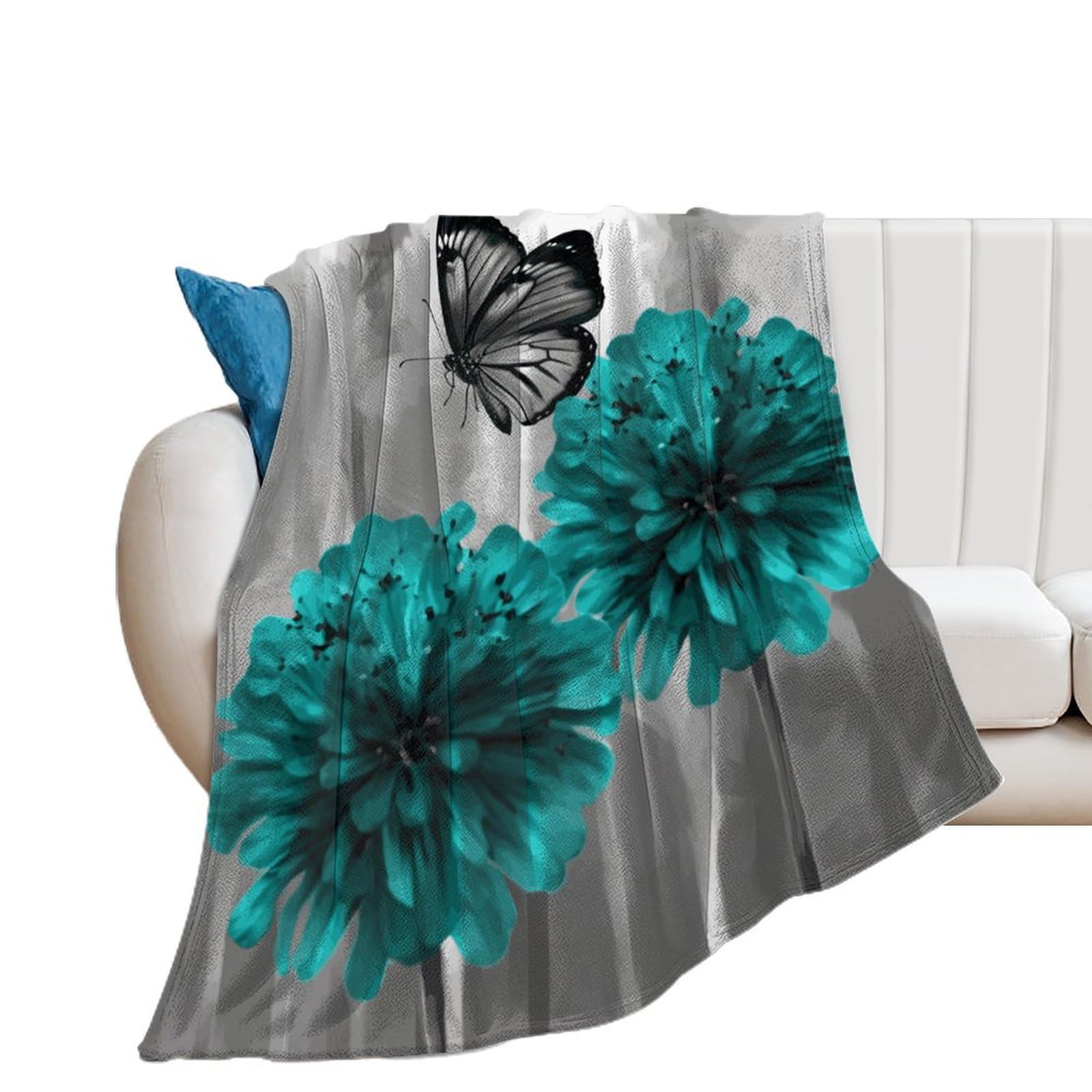 Couverture extra large en flanelle douce microfibre lit sofa motif fleur papillon