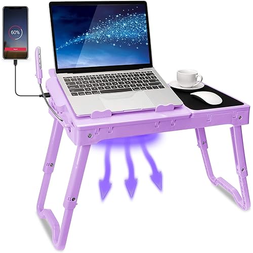 Laptop Desk for Bed, Adjustable Table with Fan, Portable Lap Desk, Foldable Legs, Stand for Couch Sofa, Tray with LED Light, 4 USB Ports, Storage, Mouse Pad