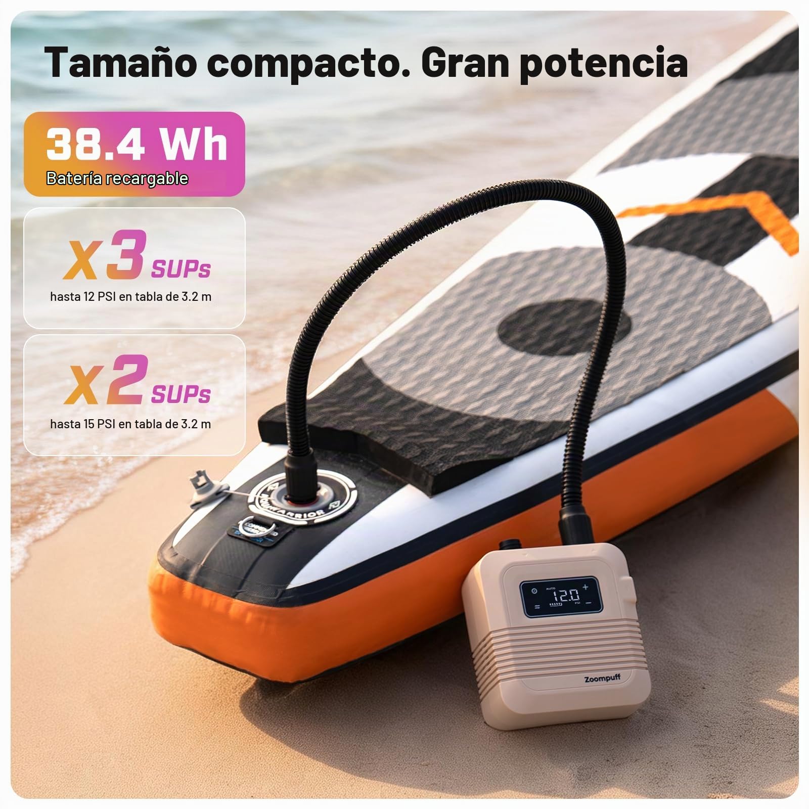 Bomba Sup eléctrica, Sup Recargable 20 PSI, inflado rápido | 5 min hasta 12 PSI, 1,14 kg ligera, Batería 38,48Wh, Inflado/desinflado doble etapa, 7 boquillas, SUP, barcos, kayaks