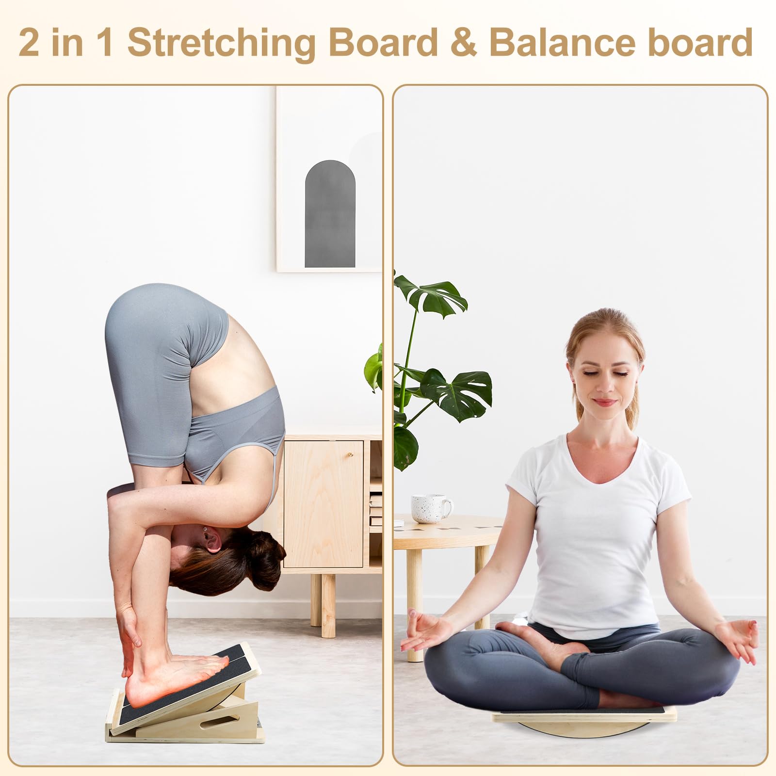 Qingning 2 en 1 Tabla de Equilibrio & Tabla Inclinada,Ajustable Profesional | Tabla de Ejercicios de Madera Fitness para Estiramientos de Pantorrillas, Tobillos, Piernas y Sentadillas