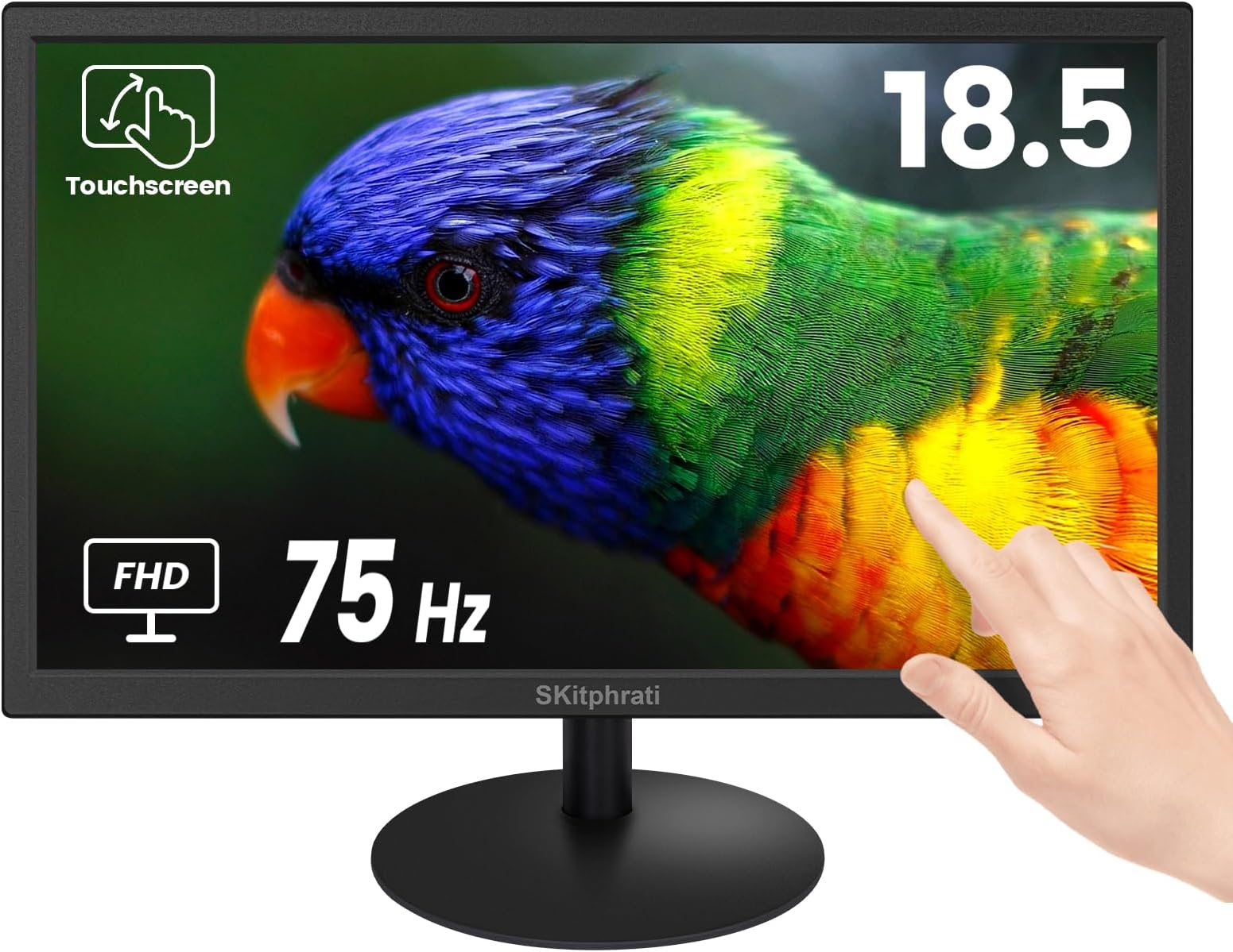 SKitphrati 18.5 Inch Touchscreen Monitor HD 1366x768, VESA Wall Mountable, 10-Points Computer Touch Screen PC Display with Type-B HDMI VGA Port, 75Hz Desktop Touch Display, Black