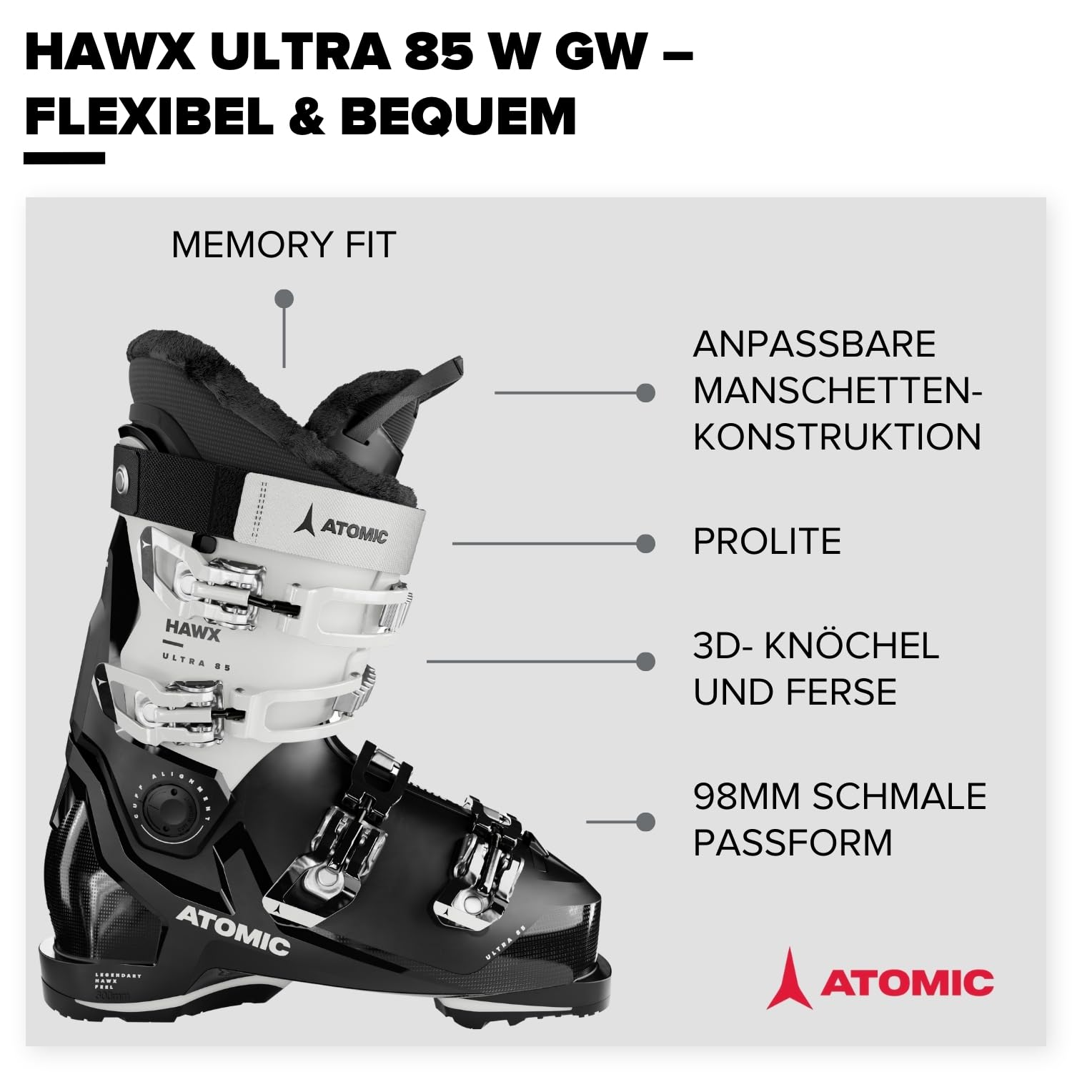 Atomic HAWX Ultra 85 W GW Skischuhe - Damen-Skischuh in Schwarz/Weiß - Boots mit 3D Knöchel & Ferse für anatomische Passform - Schmale Skistiefel mit 98 mm Passform