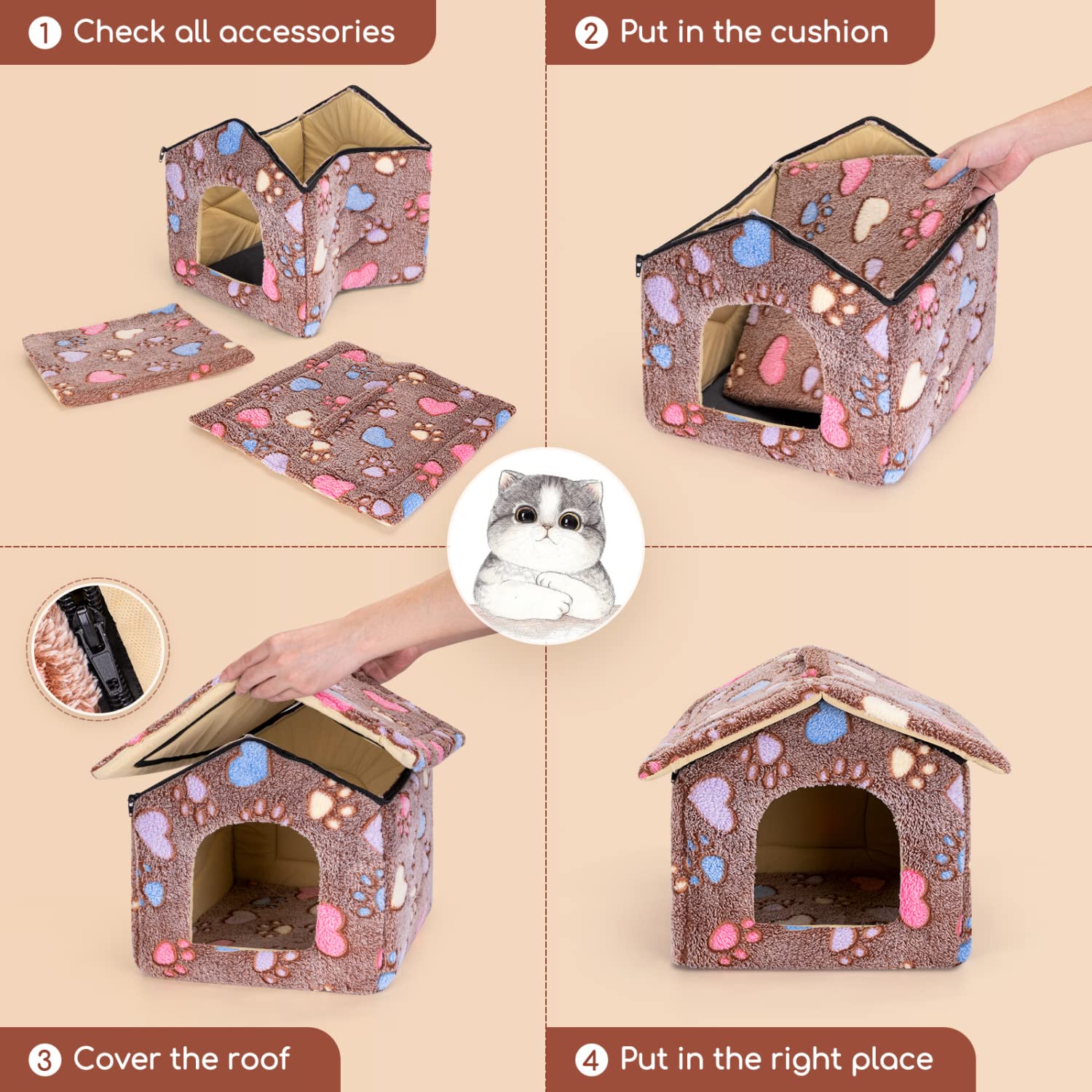 Nobleza Caseta para Perros,Casa Gatos Interior, Cama para Perro con Colchón Extraíble, Plegable Casa para Gato, Conejos, 53x50x43cm L, Marrón