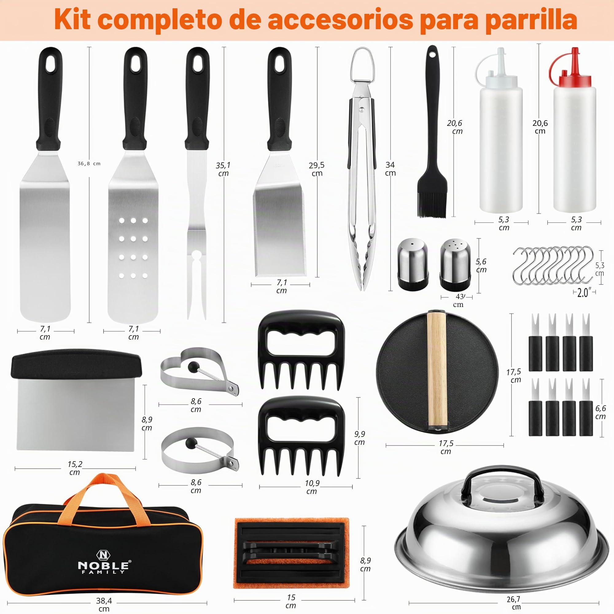 N NOBLE FAMILY 38PCS Kit de Accesorios para Plancha, Profesional de Herramientas de Barbacoa para Cocina al Aire Libre, Kit de Espátulas de Acero Inoxidable con Pinzas, Plancha para Hamburgesas