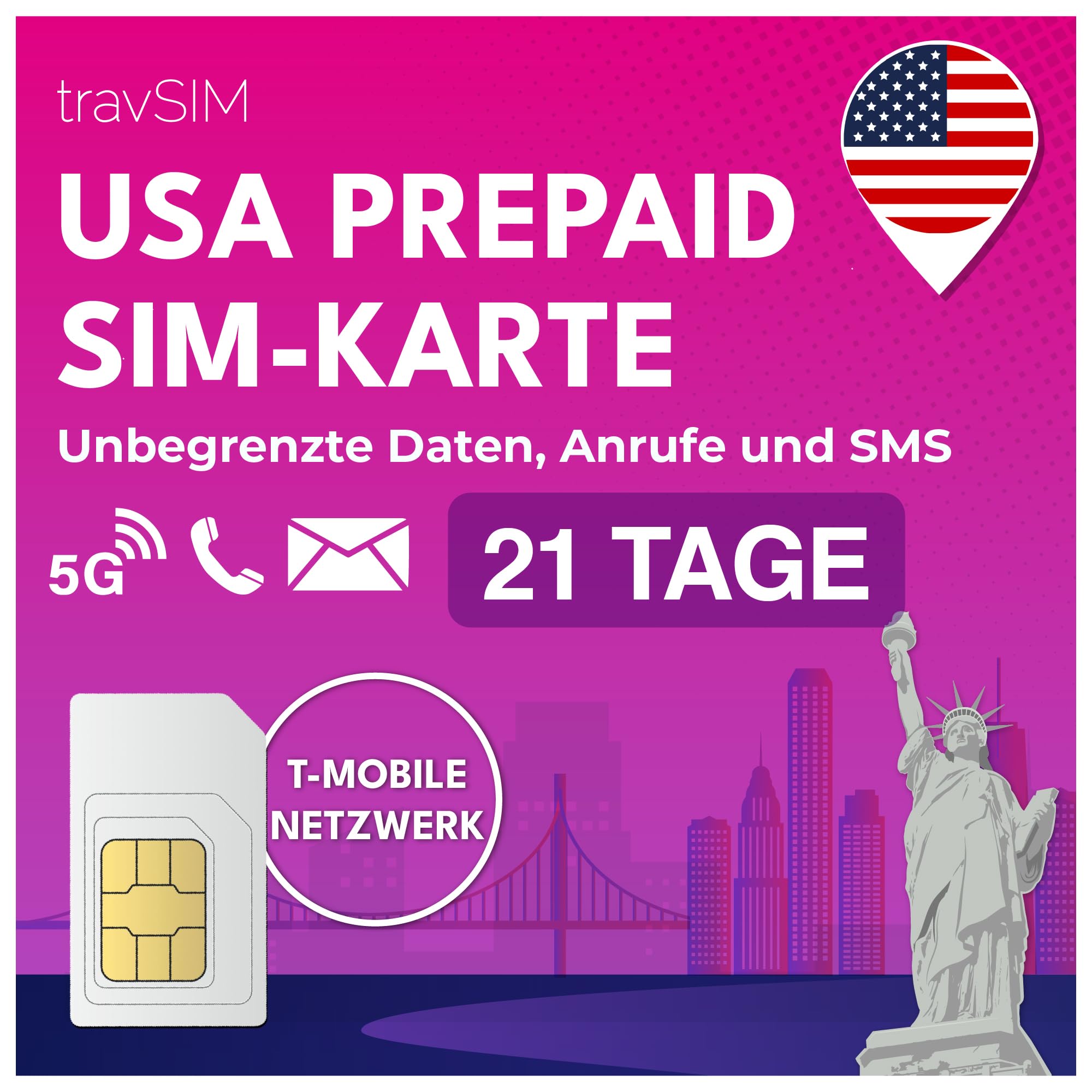 travSIM USA SIM Karte | T-Mobile Netz | Unbegrenzte Daten, Anrufe & Texte in den USA | SIM Karte USA funktioniert auf iOS & Android Geräten | SIM USA 21 Tage