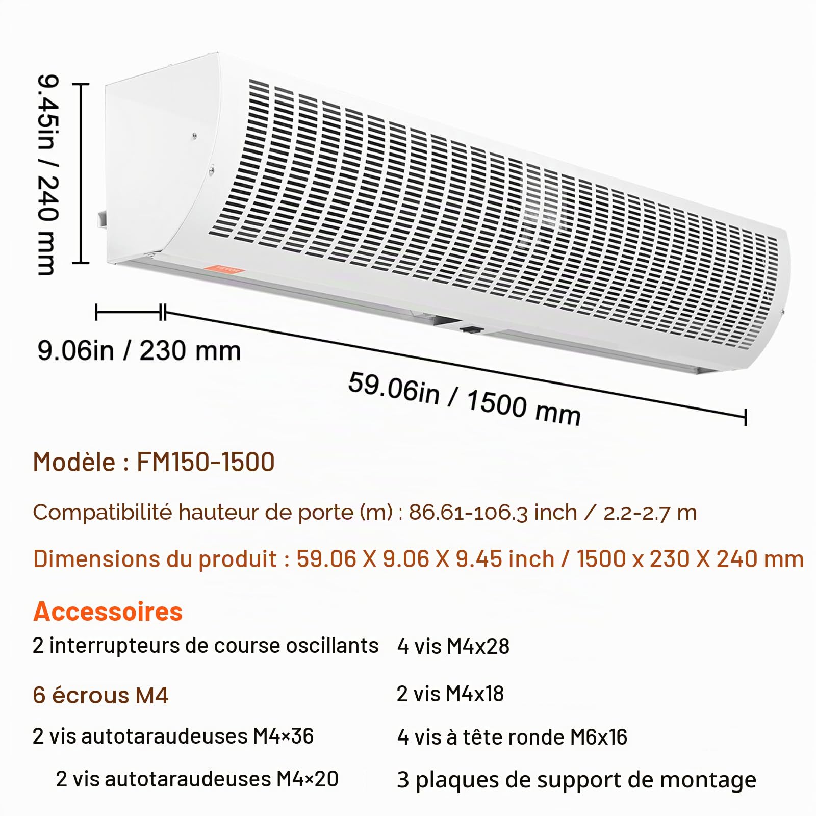 VEVOR Rideau d'air intérieur commercial 1,5 m, super puissance, 2 vitesses, 3566 m³/h, rideaux d'air muraux pour portes, ventilateur intérieur de porte avec interrupteur de fin de course robuste