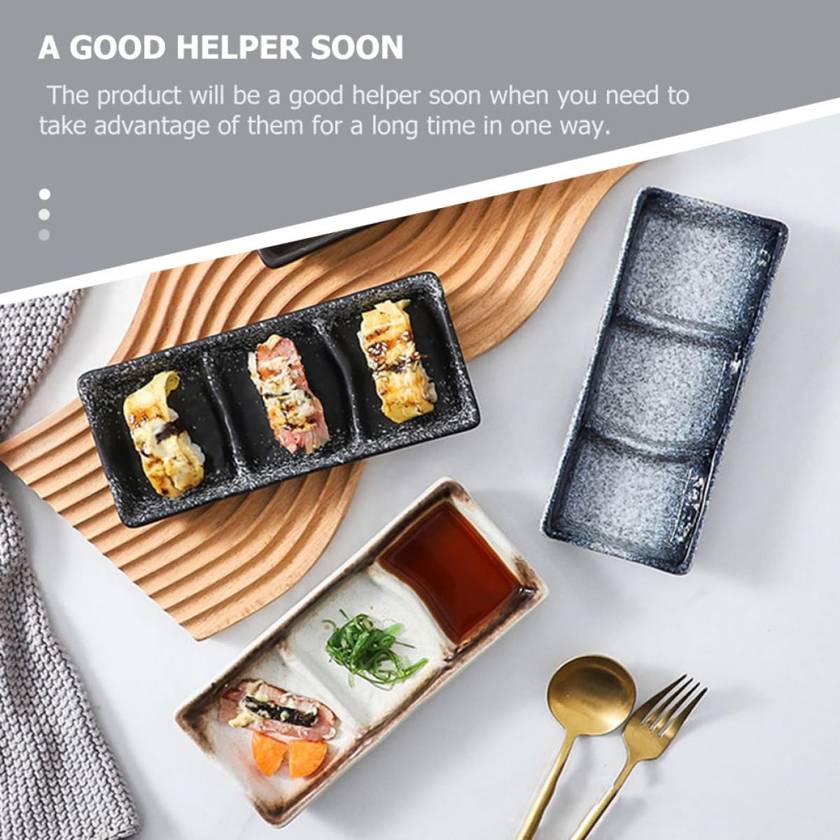 2Pcs Ceramic Three-Compartment Sauce Dishes Rectangular Japanese Style Sushi Plates for Condiments and Seasoning Food-Grade Material with Smooth Surface Assorted Dark and Blue