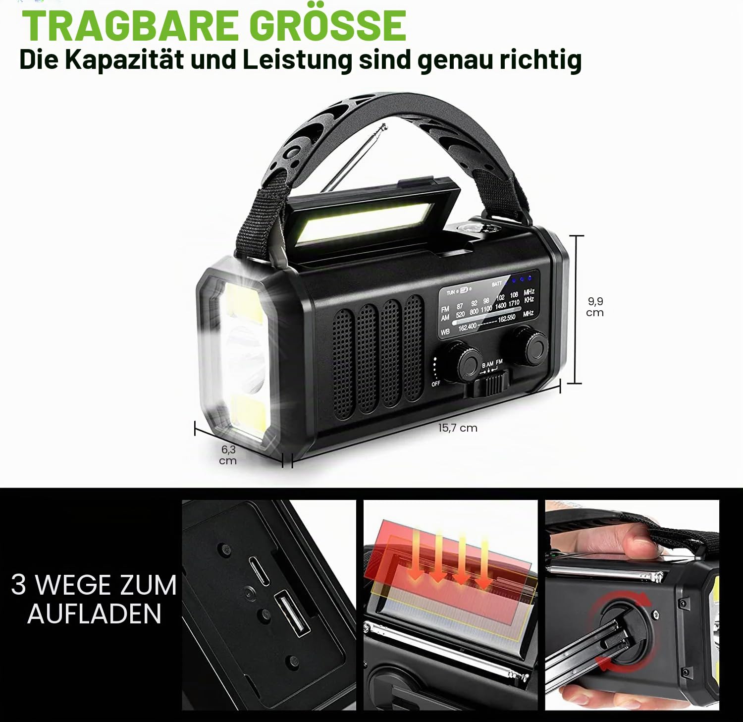 Winnes Notfall Wetter Radio, Akku, Tragbar Radio mit SOS-Alarm, 20000 mAh, Kurbel, Solarradio, AM/FM, Leselampe, Taschenlampe, Kompass für den Außenbereich, Ladegerät für Smartphones(Schwarz)