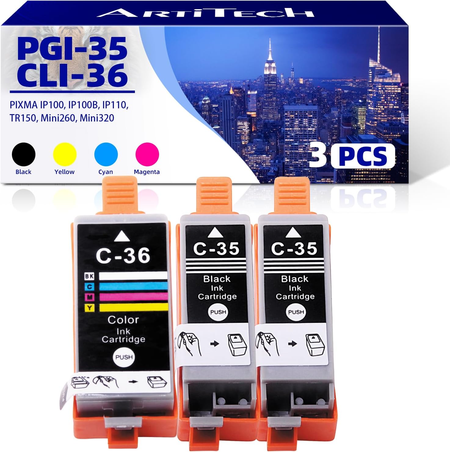 ARTITECHReplacement for Canon PGI-35 Twin Black & CLI-36 Color Ink Use with for Canon Pixma iP100, iP110, TR150, mini260, mini320 Printers Ink 3 Pack (2 PGI-35 Black, 1 CLI-36 Color)