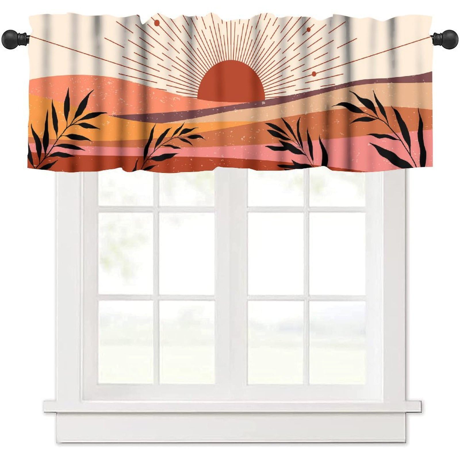 moderw Mid Century Boho Window Valance Curtains Abstract Plant Tropical Leaves Sunset Mountain Print Window Treatment Valance for Farmhouse Kitchen Bedroom Living Room 54x18inch
