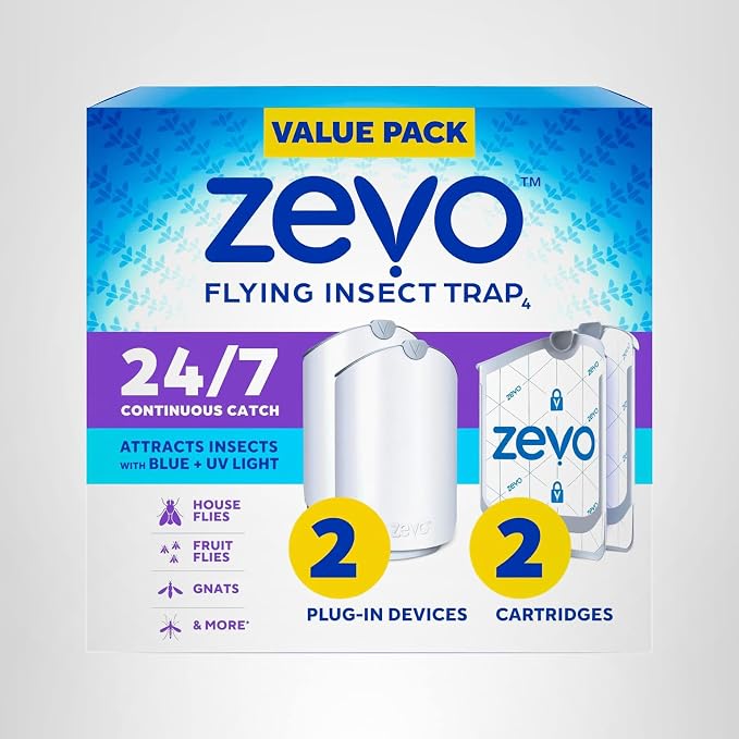 Zevo 2 Flying Insect Traps & 2 Refill Cartridges - Plug in Fly Trap & Indoor Bug Catcher for Gnats, House & Fruit Flies - Blue & UV Light Technology, Mess-Free Alternative to Bug Zapper