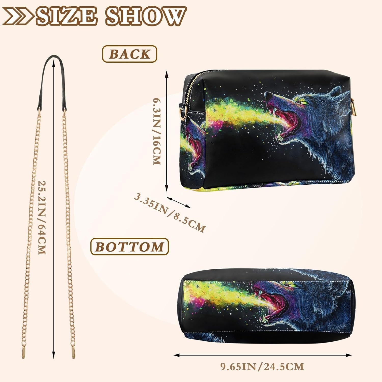 Women Crossbody Bag Shoulder Handbag Cellphone Purse Rainbow Wolf Print, PU Leather Metal Chain Strap Water Resistant Zipper Closure