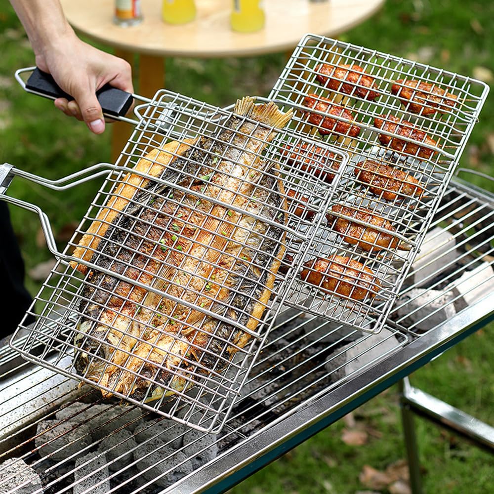 Panier de barbecue - En acier inoxydable - Portable - Pliable - Avec poignée amovible - Pour barbecue en plein air - Poisson - Légumes