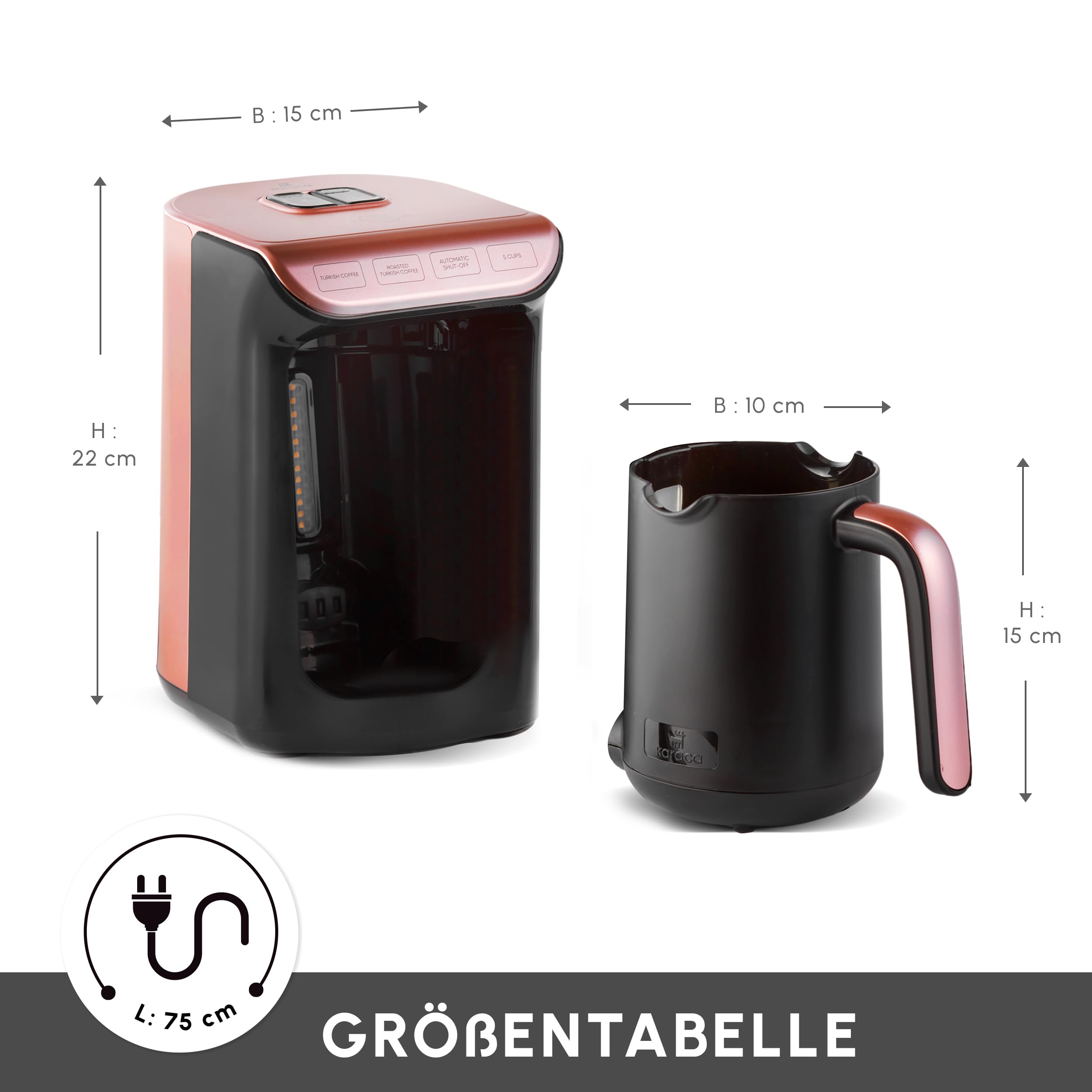 KARACA Hatır Roast - Caffettiera turca in oro rosa, 5 tazze, capacità 535 W, sistema di allarme vocale, sistema di allarme luminoso, misurino, facile da pulire