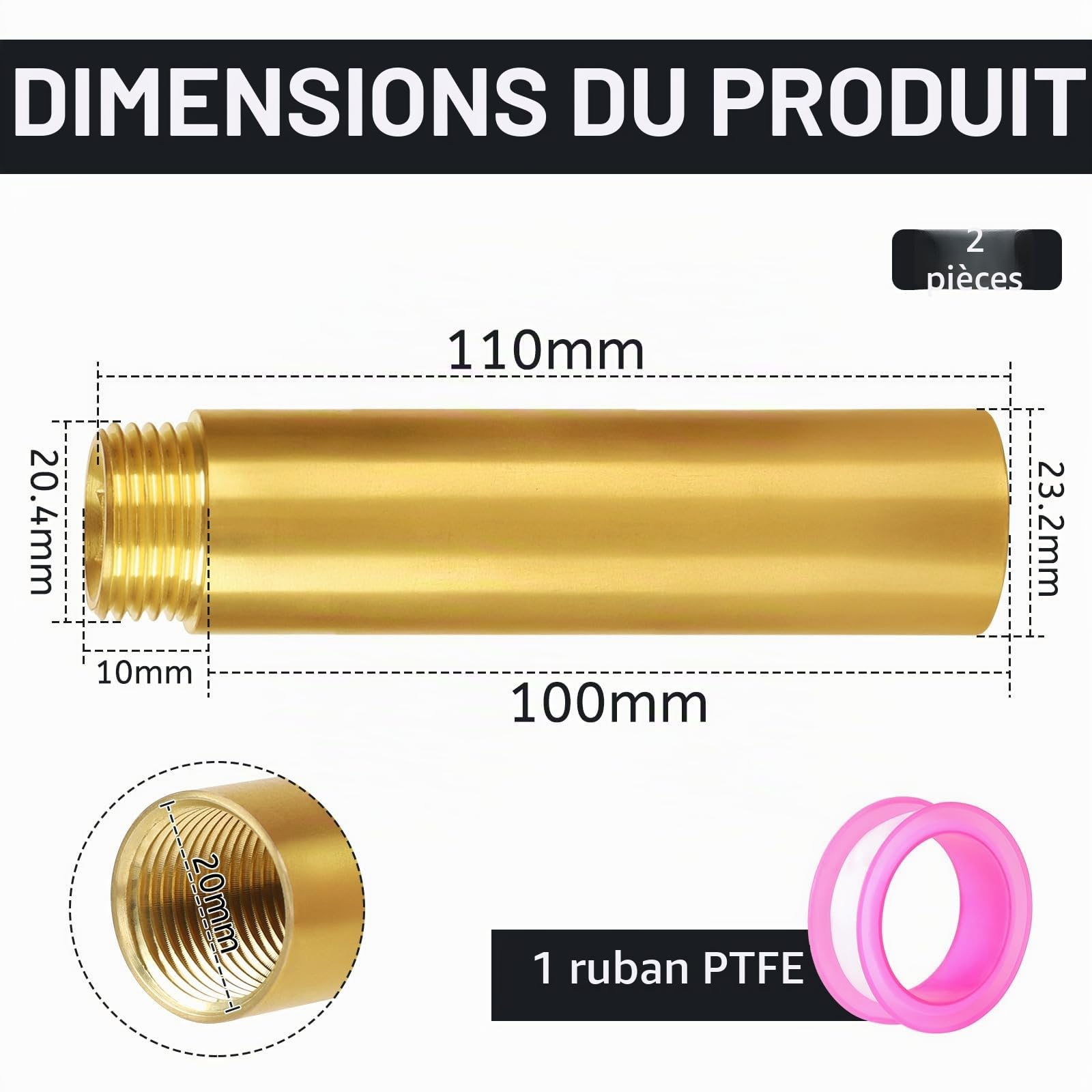 LALAGO 2 Pièces 1/2'' x 100 mm Rallonges de Robinet Fitting en Laiton, Raccord d'Extension DN15, Laiton Rallonge Filetée IG x AG pour Installation de Chauffage et d'Eau Potable