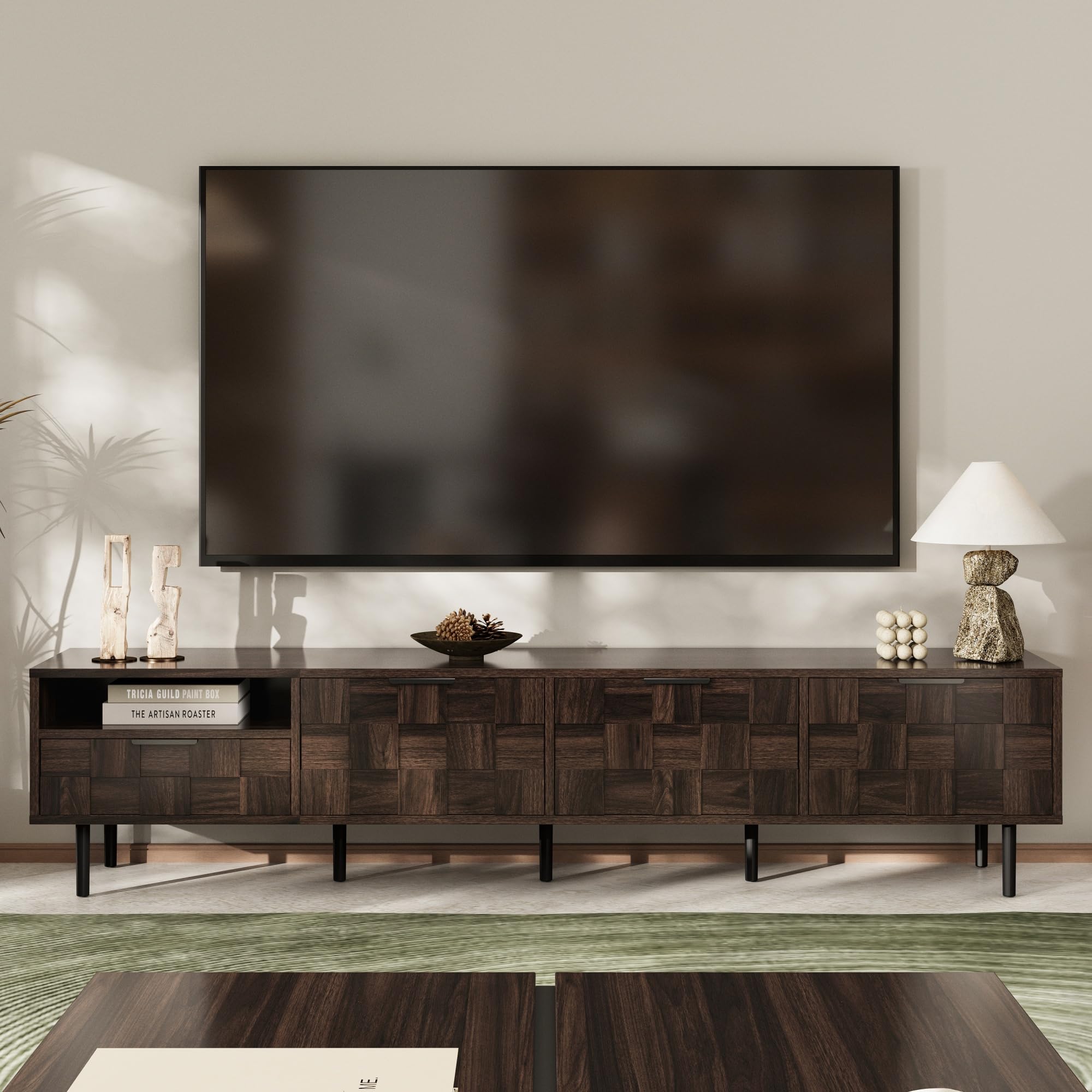 Merax 78 Inch TV Stand for TVs Up to 85", Modern Entertainment Center with Storage Drawer and 4 Cabinet Doors, Media Console with Unique Mosaic Front