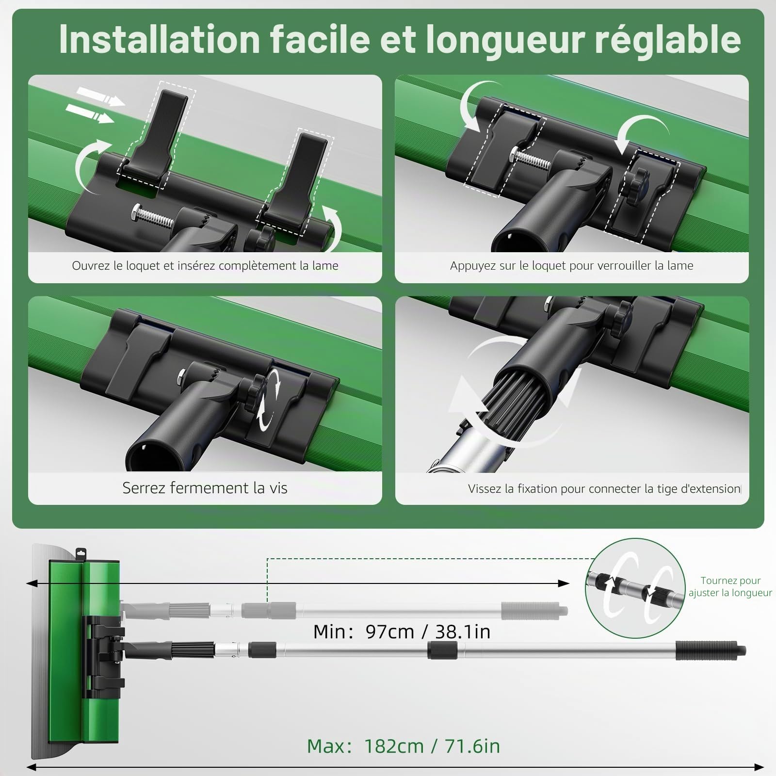 Kit de Spatule Enduit, Lames de mastic 25 cm, 40 cm et 60 cm, Mango de extensión de 76 cm a 160 cm, Spatule de Lissage en Acier Inoxydable, Outils de Cloison Sèche Grandes Surfaces