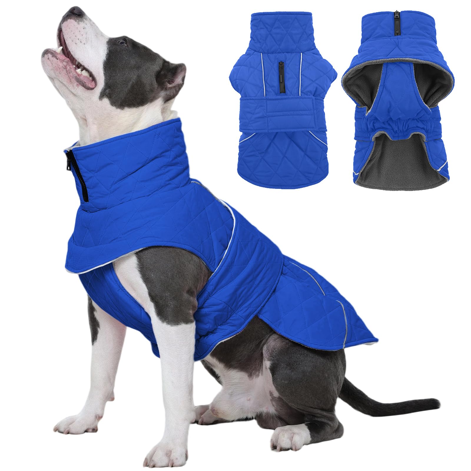 Photo 1 of Kuoser Dog Winter Coat Waterproof Dog Snow Jacket, Warm Fleece Lined Pet Turtleneck Snowsuit Puppy Cold Weather Coats with Harness Hole, Adjustable Winter Vest for Medium Large Dogs, Blue, L