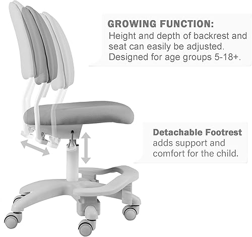 Miniatura 32 de Silla ergonómica de escritorio para niños, silla de computadora de oficina para estudiante, altura ajustable y profundidad del asiento, reposapiés