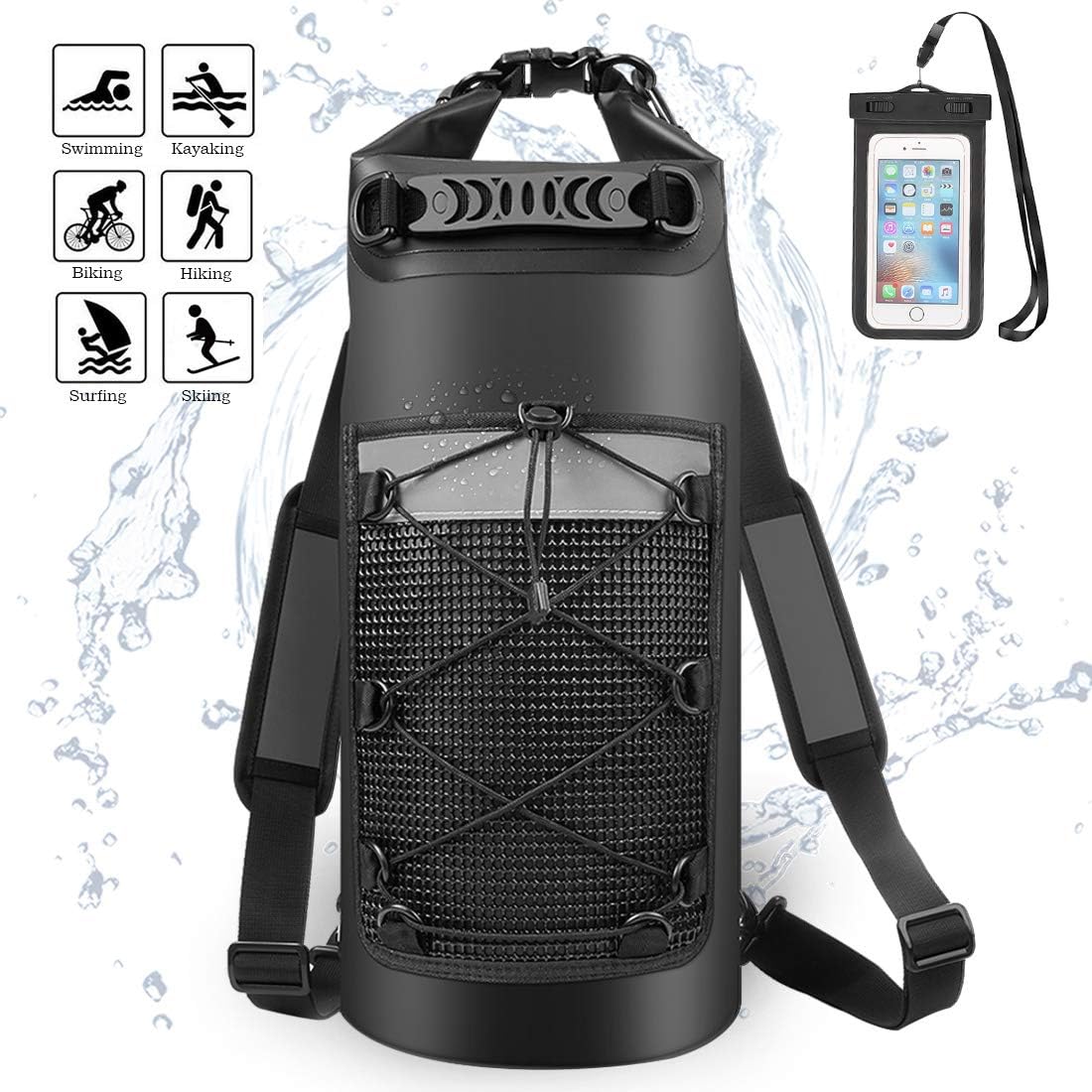 Waterproof Dry Bag - Roll Top Dry Backpack Floating Sack 10L/20L/30L with Water Resistant Phone Case for Beach, Kayaking, Rafting, Boating, Swimming, Fishing, Hiking, Birthday Gift (Black, 20L)