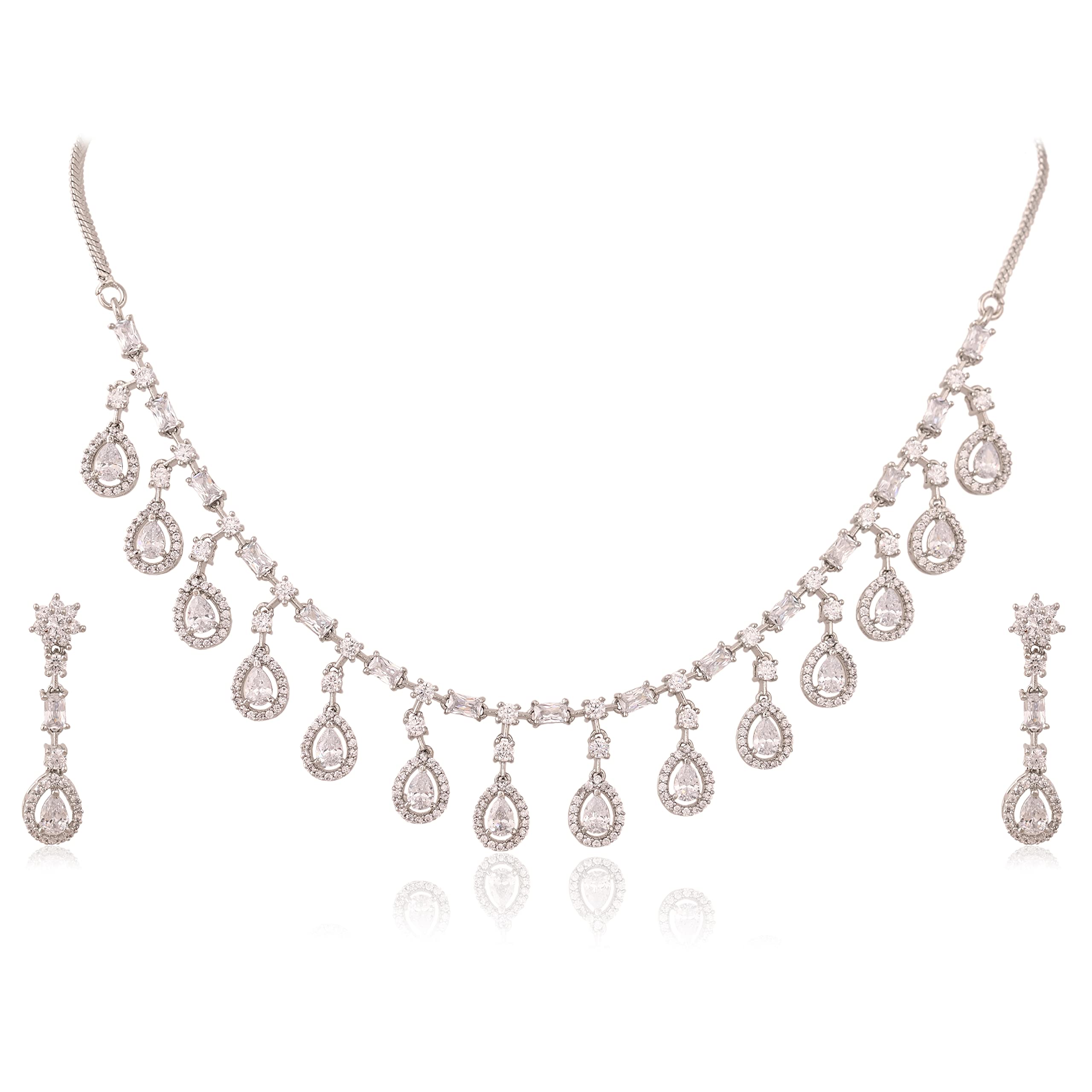 RATNAVALI JEWELS Set di gioielli in argento con collana e orecchini con zirconia cubica, per donne, spose e matrimoni, ottone, zirconia cubica, Ottone, Zirconia cubica