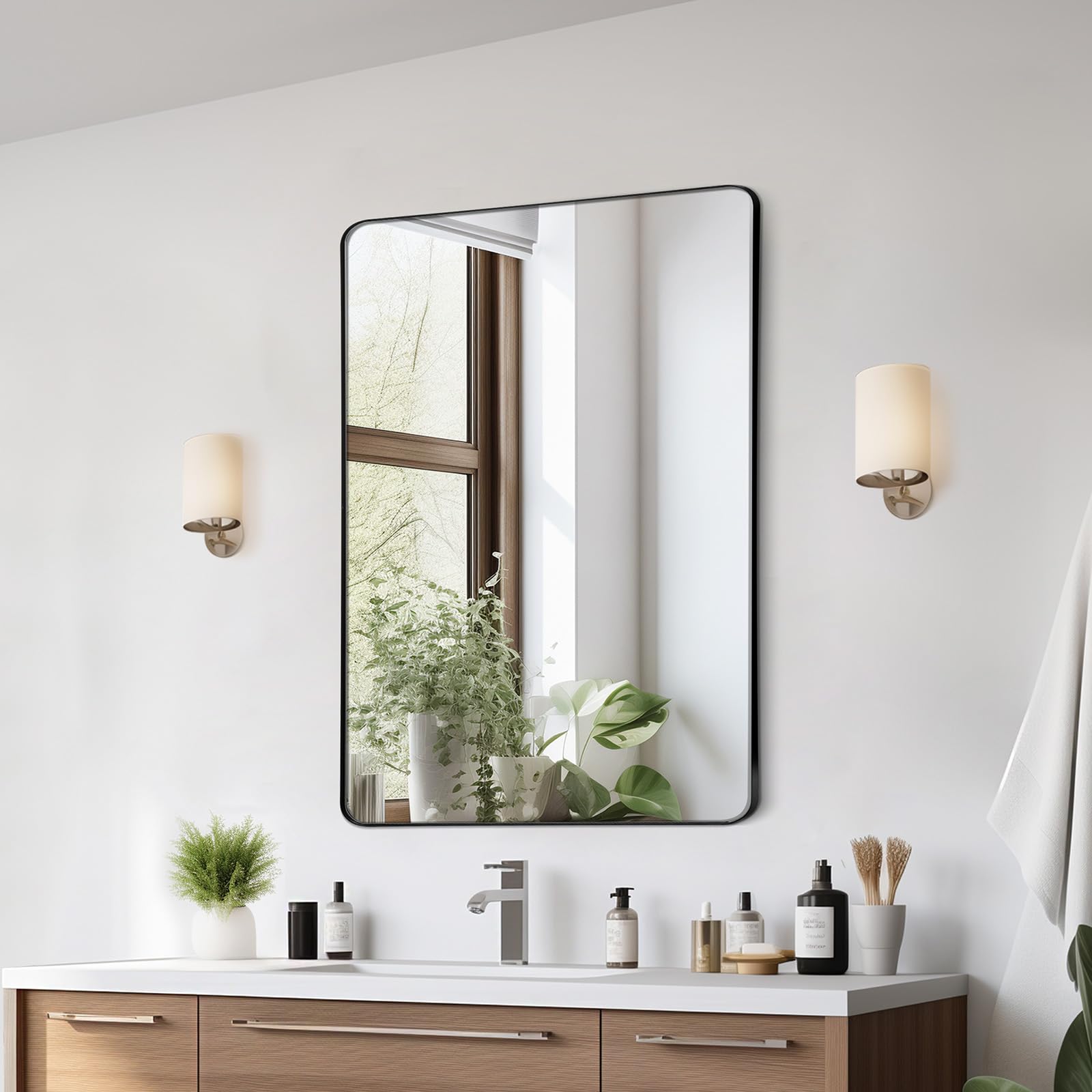 VEVOR Espejo de Pared Espejo de Maquillaje Espejo de Baño 915 x 610 x 25 mm Espejo Rectangular Marco de Aleación de Aluminio Negro con Soporte en Forma de Z para Baño Dormitorio Sala de Estar
