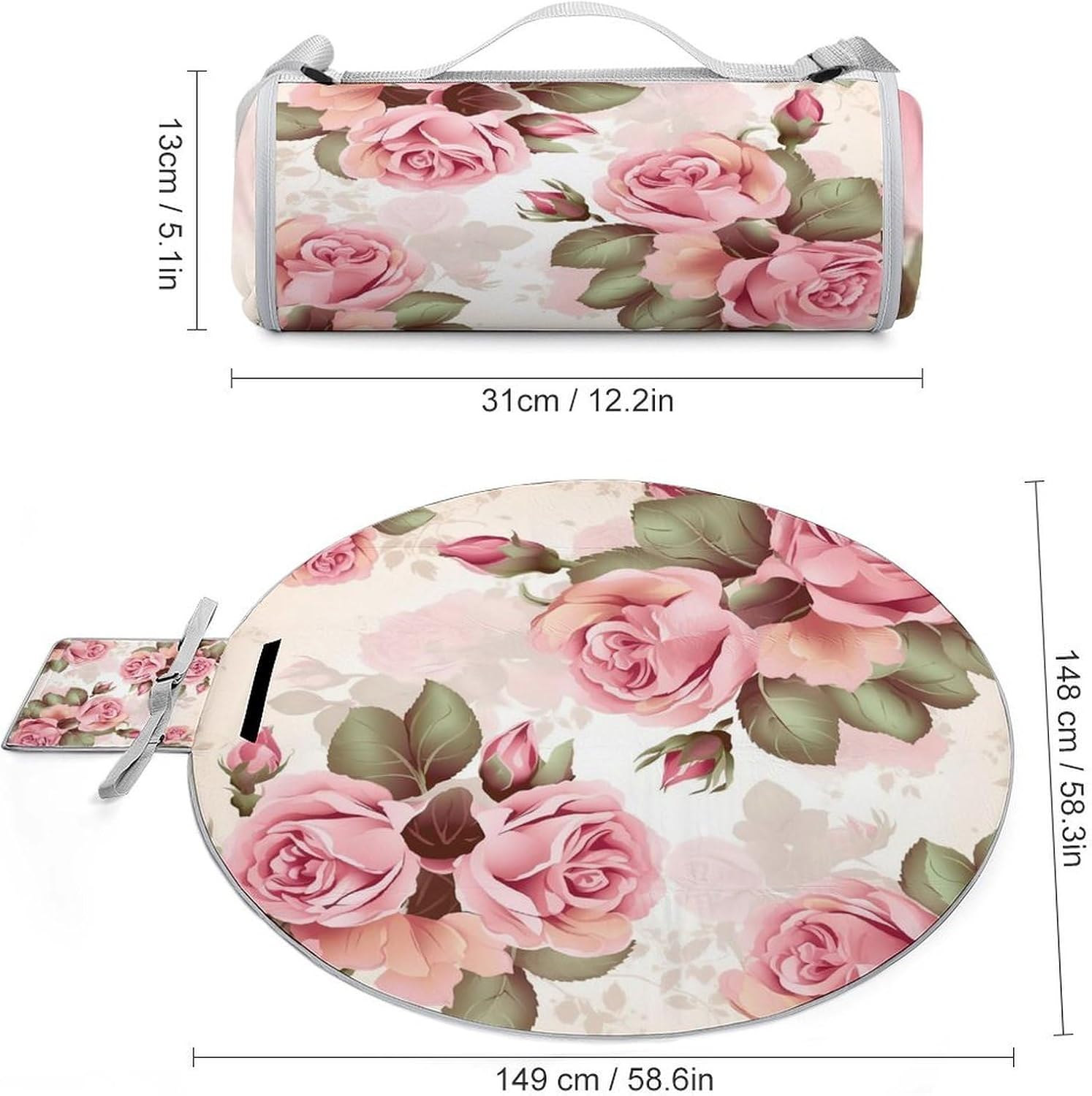 Rose Floral Round Outdoor Picnic Mat Foldable Waterproof Beach Camping Blanket Outdoor Rug with Sponge Padding