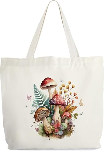 Mushroom Tote Bag for Women, Wild Flowers Canvas Tote, Nature Lover Gift Bag, Floral Library Book Bag, Mushrooms Shopping Bag, Botanical Shoulder Bag Gifts for Women Friends -61