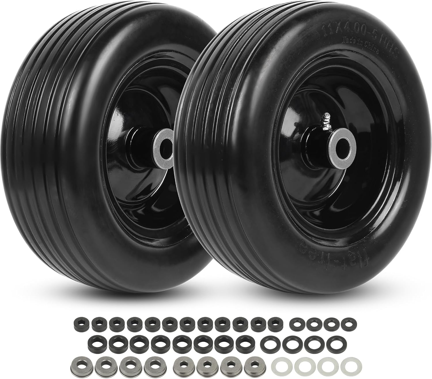 AR-PRO (2-Pack) 11x4.00-5 Flat-Free Tire and Wheel Assembly, 11x4-5 Solid Rib Tread Zero-Turn Mower Front Wheel, 3.4" Centered Hub, 3/4" & 5/8" Bushings