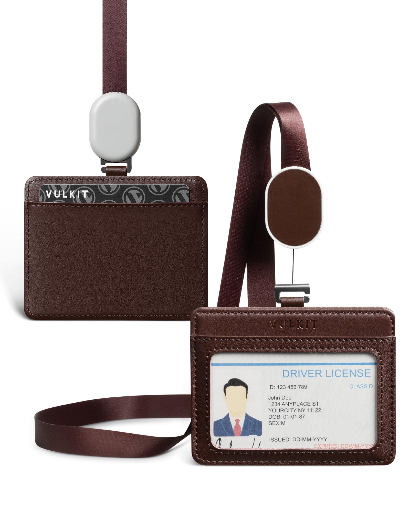 VULKIT Retractable Lanyard with Card Holder Horizontal ID Badge Holder for Men or Women Bus Pass Holder Leather ID Card Holders, Brown