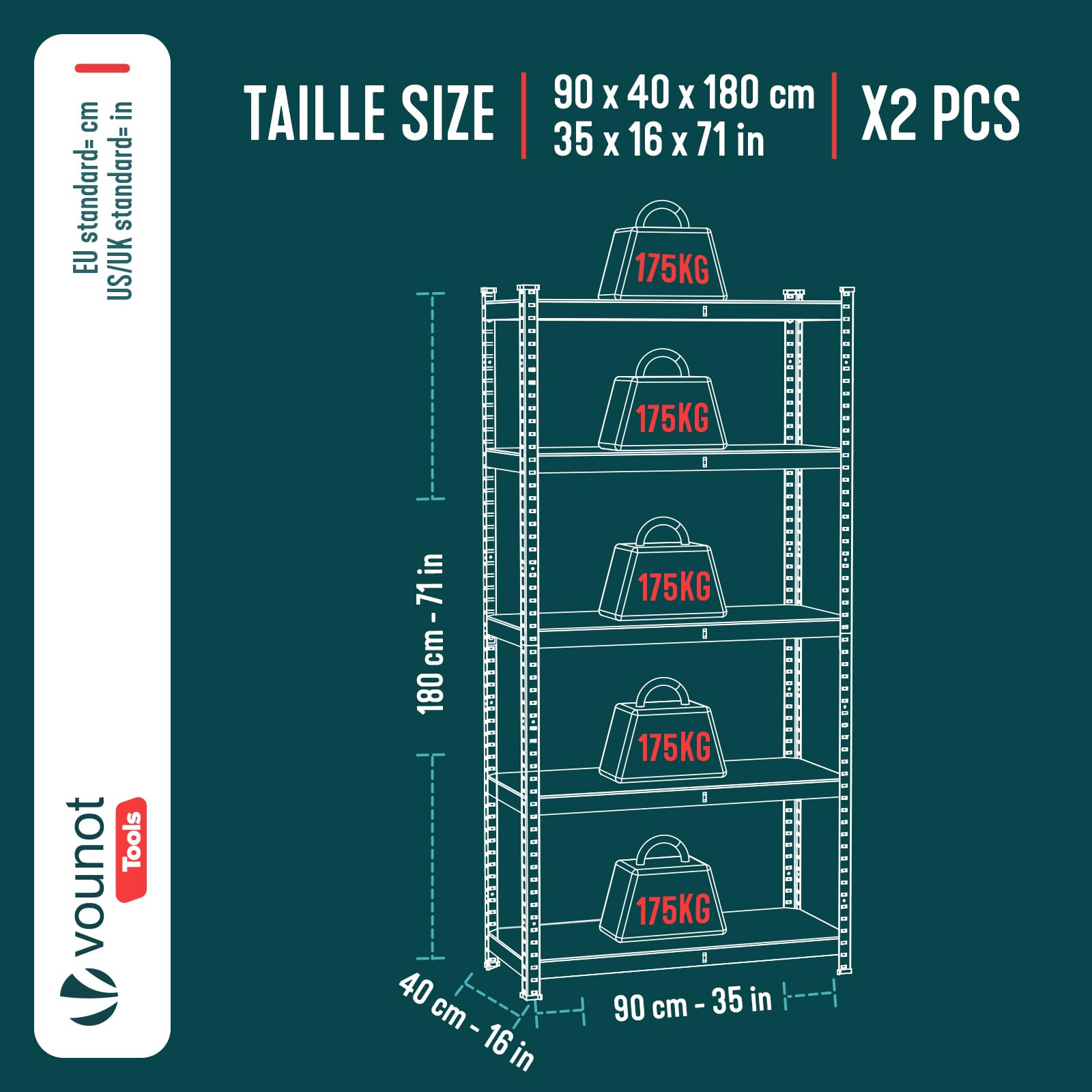 VOUNOT® Schwerlastregal 2er Set, Regal Lagerregal Kellerregal Steckregal Werkstattregal, 180x90x40cm, 5 verstellbare Böden, 875kg belastbar