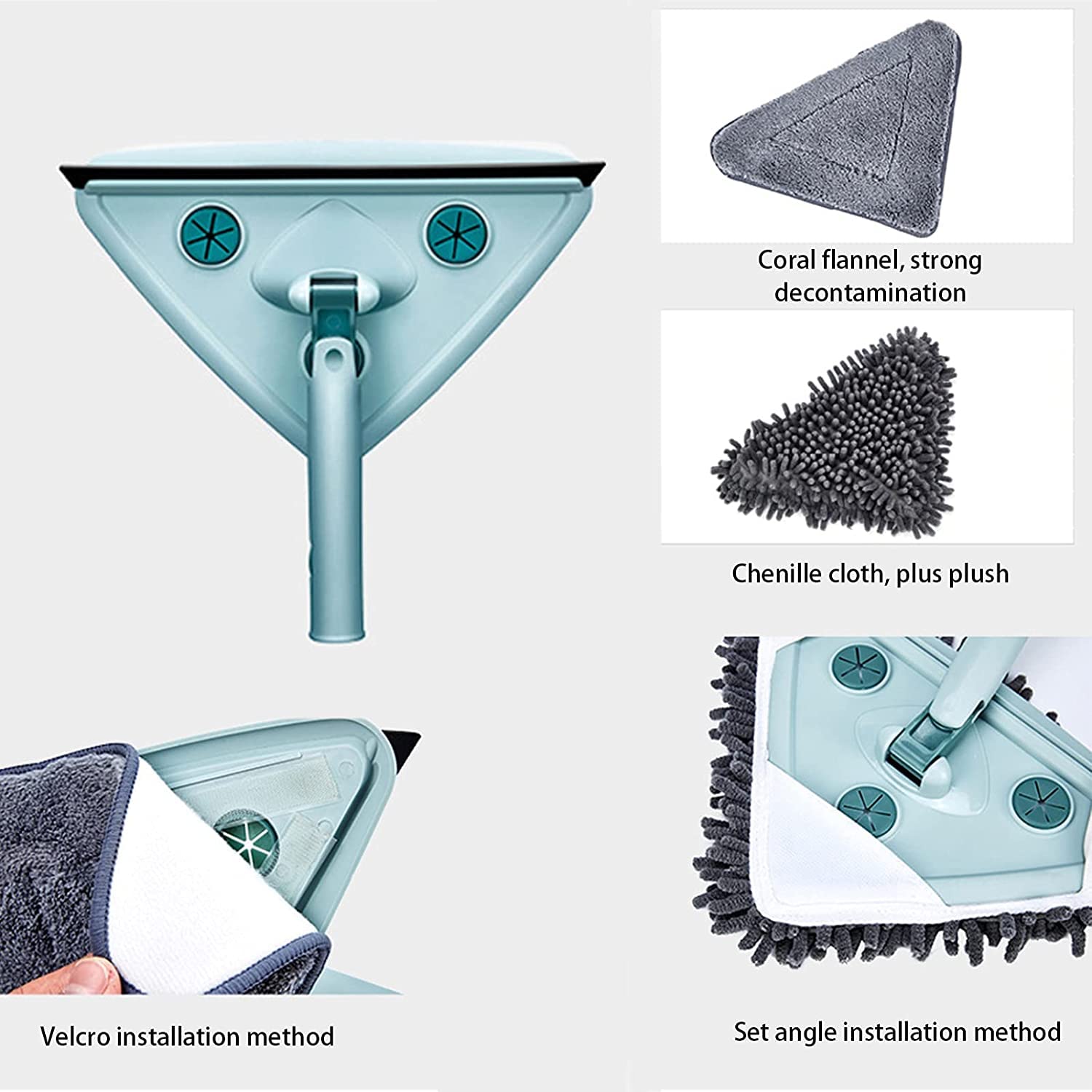 Trapeador húmedo y seco Trapeador de 360° Trapeador multifuncional extensible de microfibra Trapeador de limpieza triangular Giratorio Ajustable Con mango telescópico Con recambios Paño de repuesto