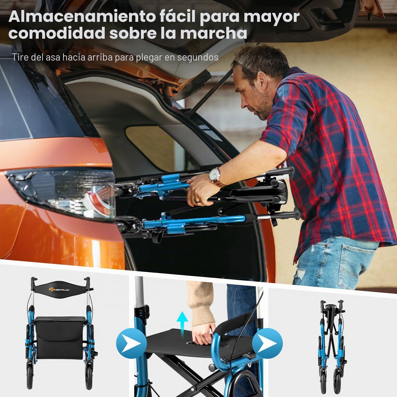 FANTASK Andador 2 en 1 para silla de ruedas y de viaje, de aluminio con diseño plegable, color negro con sistema de ajuste de altura, silla de ruedas con bolsa y soporte para bastones (azul)