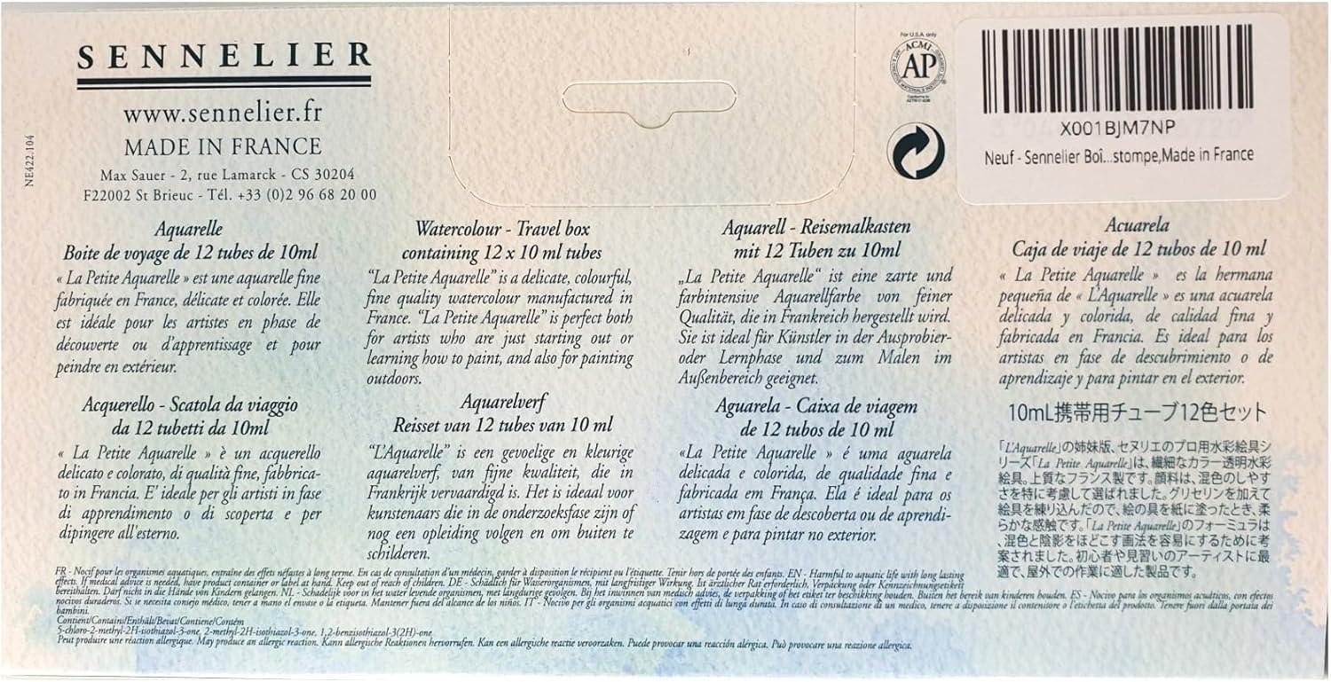 Sennelier Boîte de Peinture Aquarelle en Plastique, 12 Couleur x 10ml avec Pinceau et estompe,Made in France