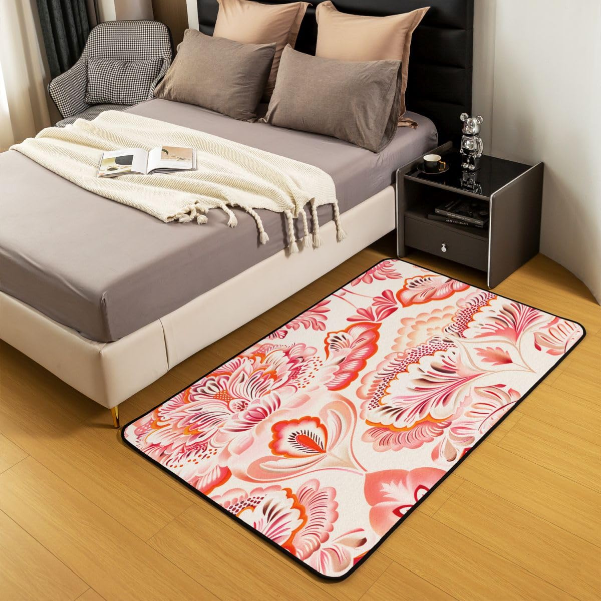 Loussiesd Tapis Salon 100x150cm Paisley Tapis Chambre Exterieur Intérieur Indien Style Antidérapant,Doux Boho Paisley Imprimer pour Salon et Chambre Bohème Exotique Style Lavable Rose Jaune et Blanc