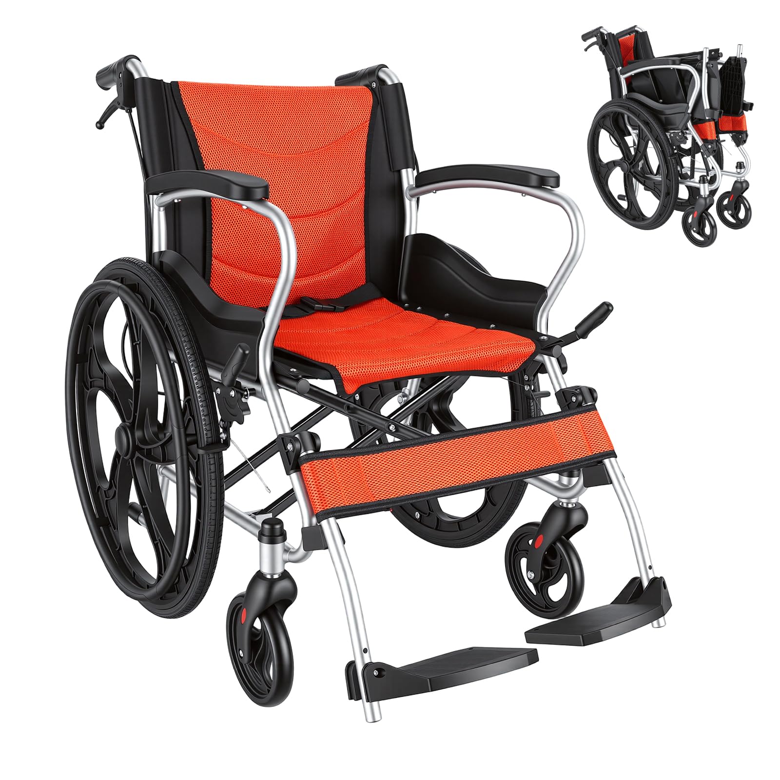 Care-parents Silla de ruedas plegable de aluminio ligera (11 kg) – Silla de viaje autopropulsada con 45 cm de ancho – Silla de ruedas compacta con freno de mano y neumáticos a prueba de pinchazos