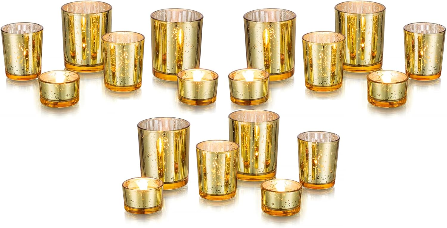 Glasseam Tealight Votive Glass Candle Holders, 18Pcs/6Sets Mercury Gold