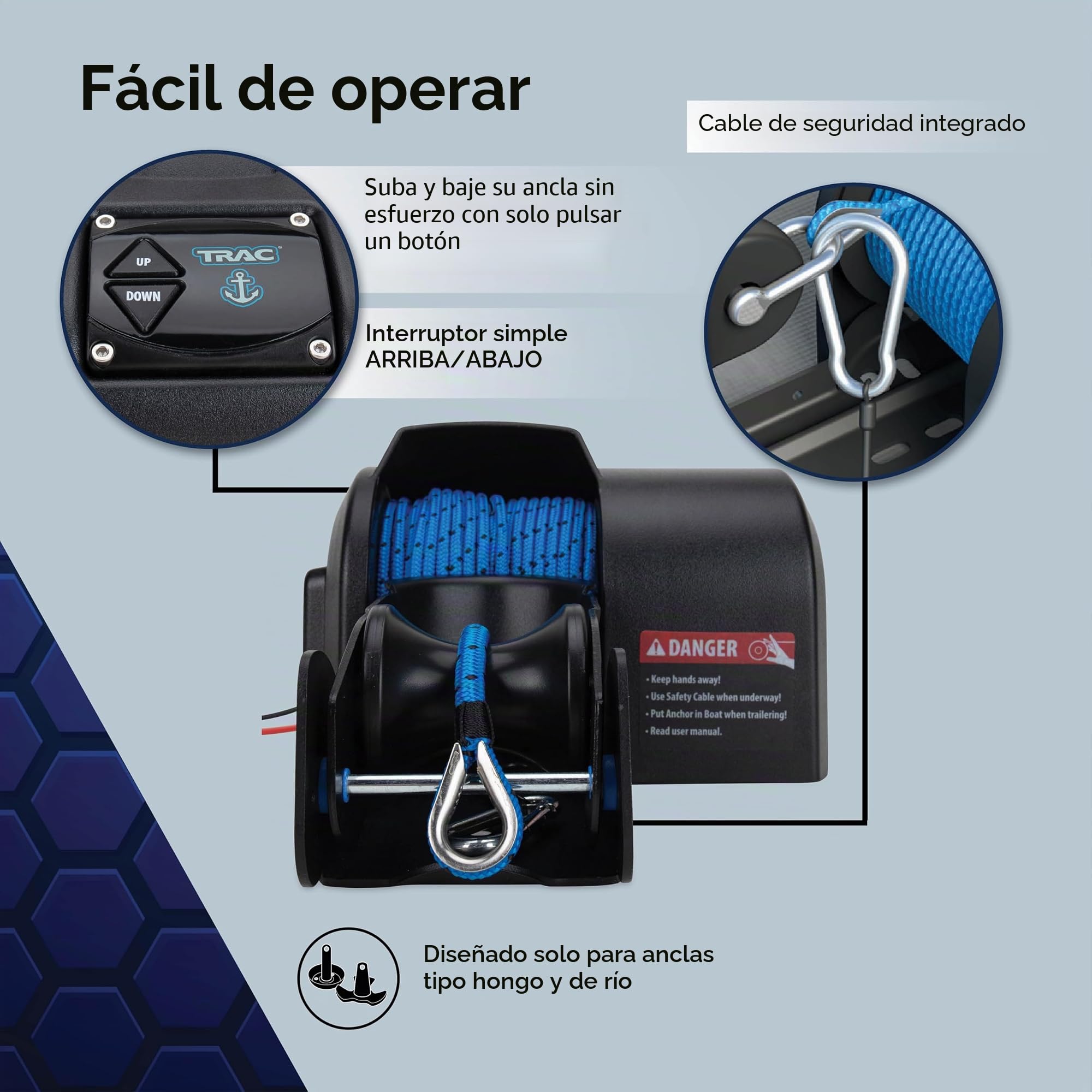 Camco, TRAC, 69003, Pontón de exterior 35-G3, cabrestante de anclaje eléctrico. Cuenta con un motor de engranaje de acero de alta eficiencia de 12 voltios de CC y 30,5 m de cuerda de anclaje de doble