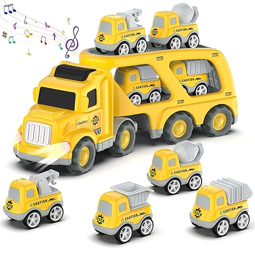 Toddler Car Toys for 3 4 5 Years Old Construction Transport Truck with 4 Pack Small Pull Back Construction Vehicles Friction Power Cars Christmas Birthday Gifts for Kids Boys Girls