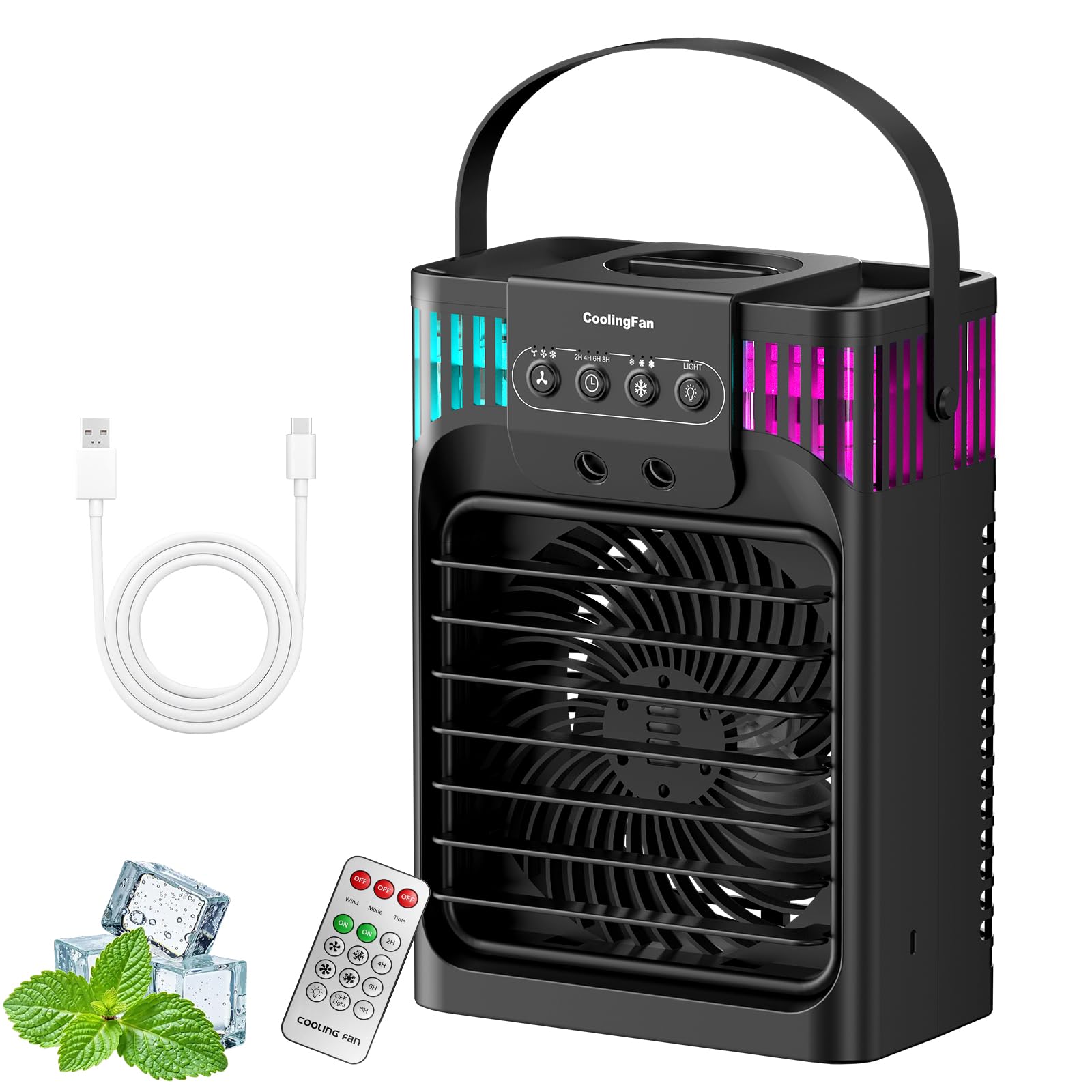 4-IN-1 Portable Air Conditioners, 1200ML Personal Cooling Fan with Remote, 3 Speeds&3 Mist Modes, 2-8H Timer, Night Light, Evaporative Air Cooler for Bedrooms Desktop Camping, Black — view 9