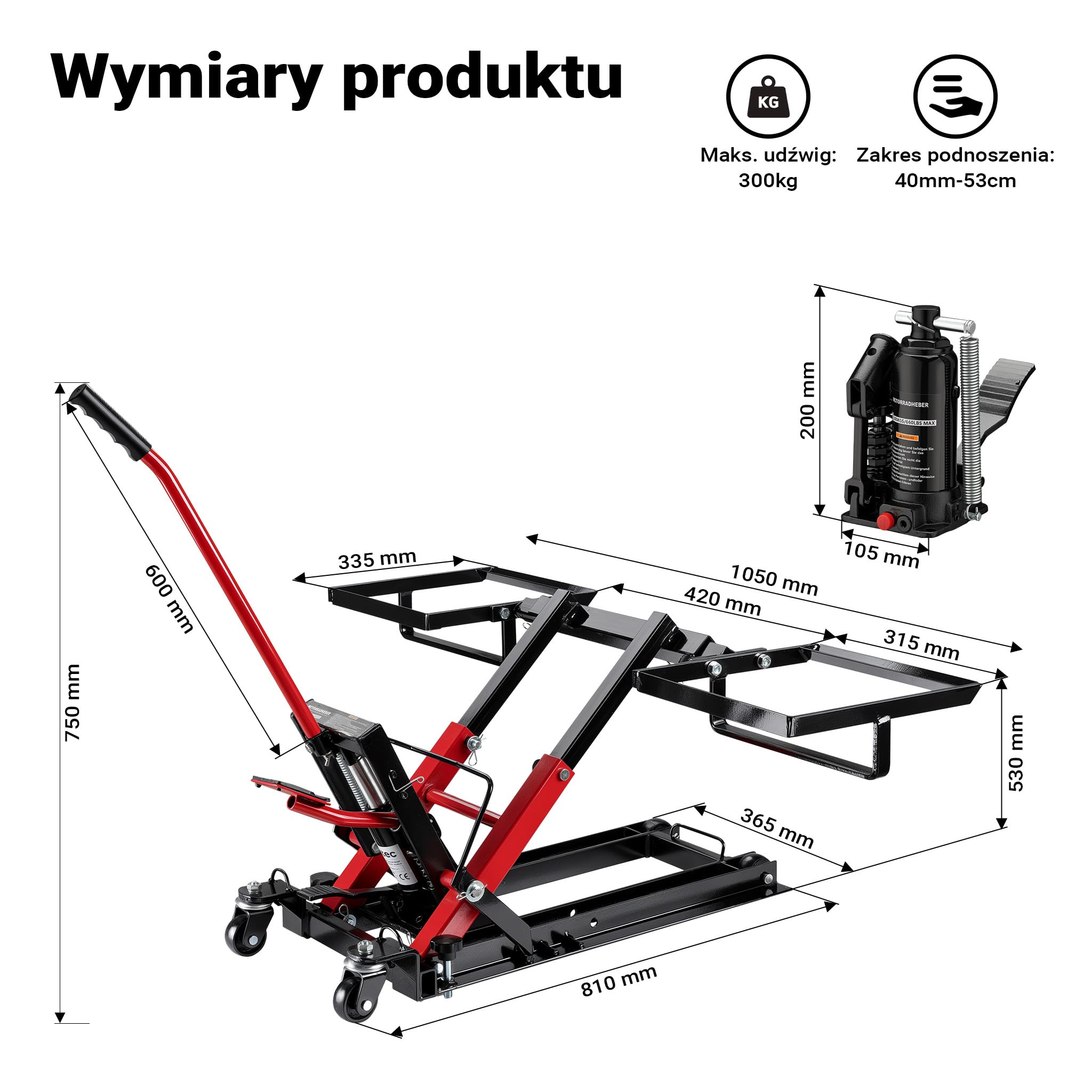 Wiltec Podnośnik hydrauliczny 3-w-1 do motocykli, quadów i kosiarek, maks. wysokość 530 mm maks. 300 kg nośności, mobilny lewarek