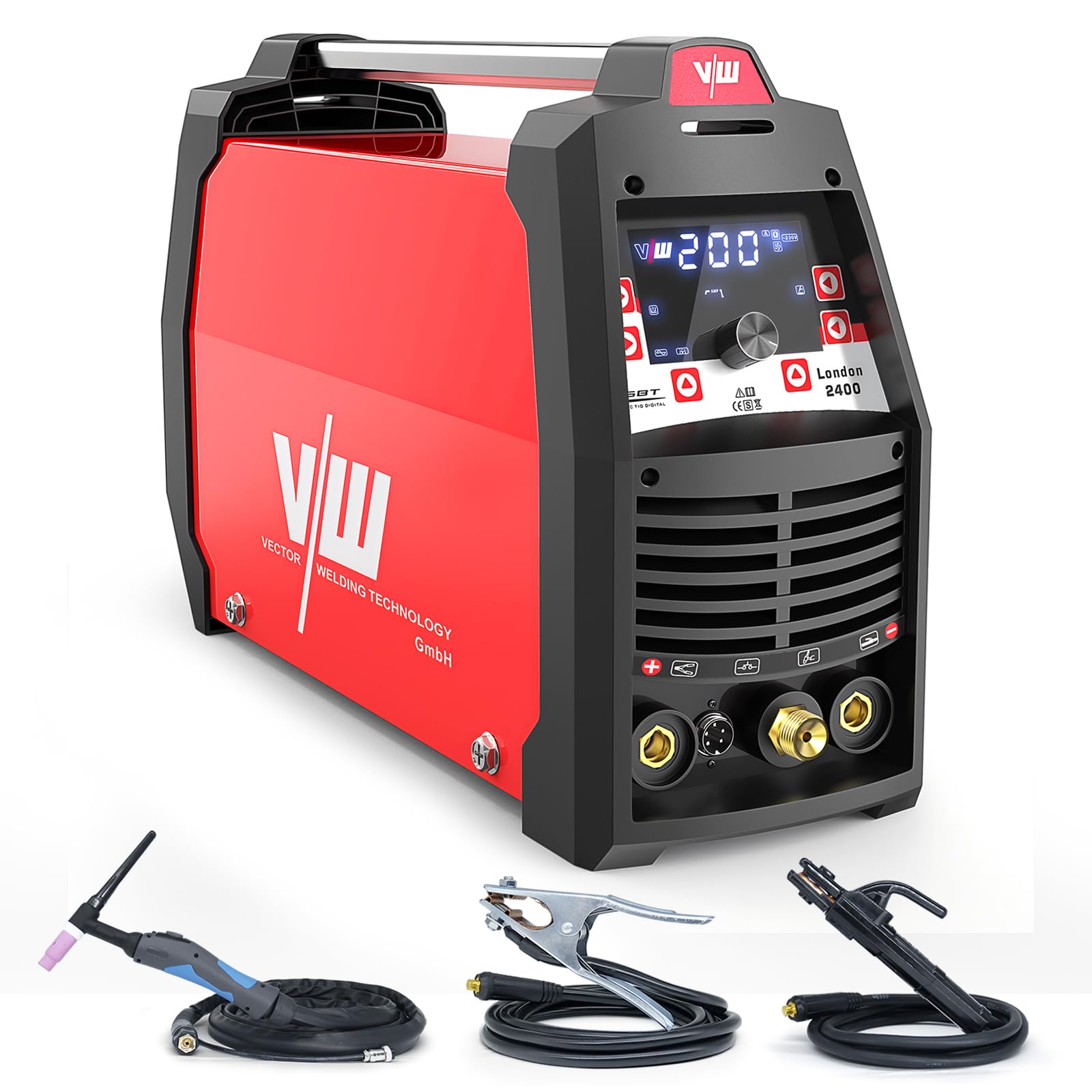 Soldadora TIG AC DC con 200a y función de soldadura por electrodo 170a | función de pulso - flujo previo y posterior de gas - corriente ascendente y descendente - memoria de trabajo Vector Welding | Encendido HF, 9 Memorias, 2T/4T, Pantalla LED, IGBT, Sol